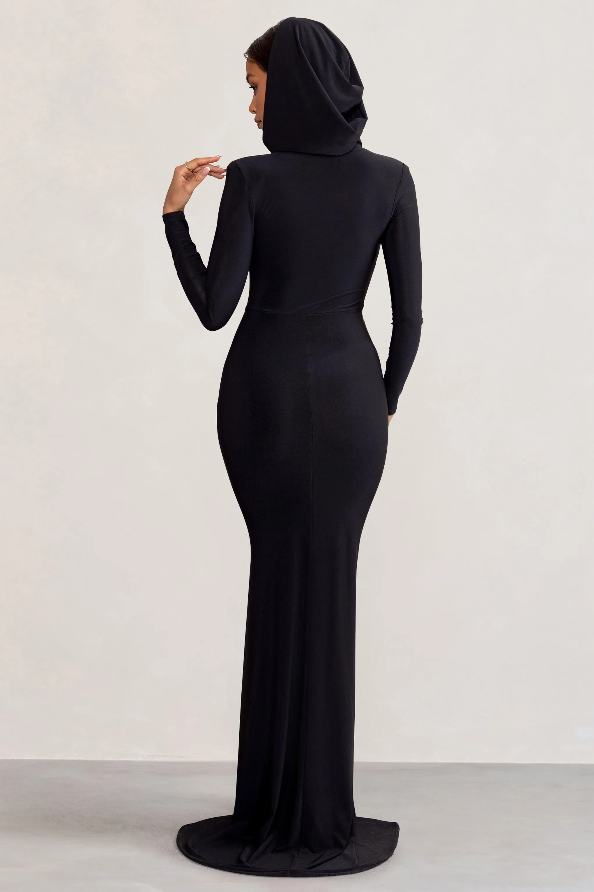 Adore | Black Long Sleeve Plunge Maxi Dress with Hood Club L London