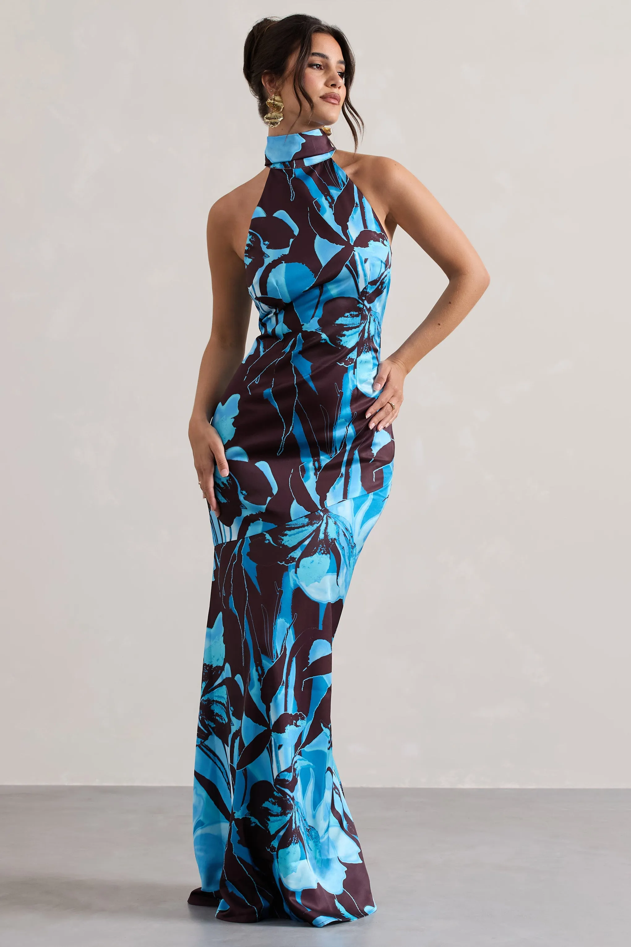 Adoria | Floral Print Satin High-Neck Maxi Dress Club L London
