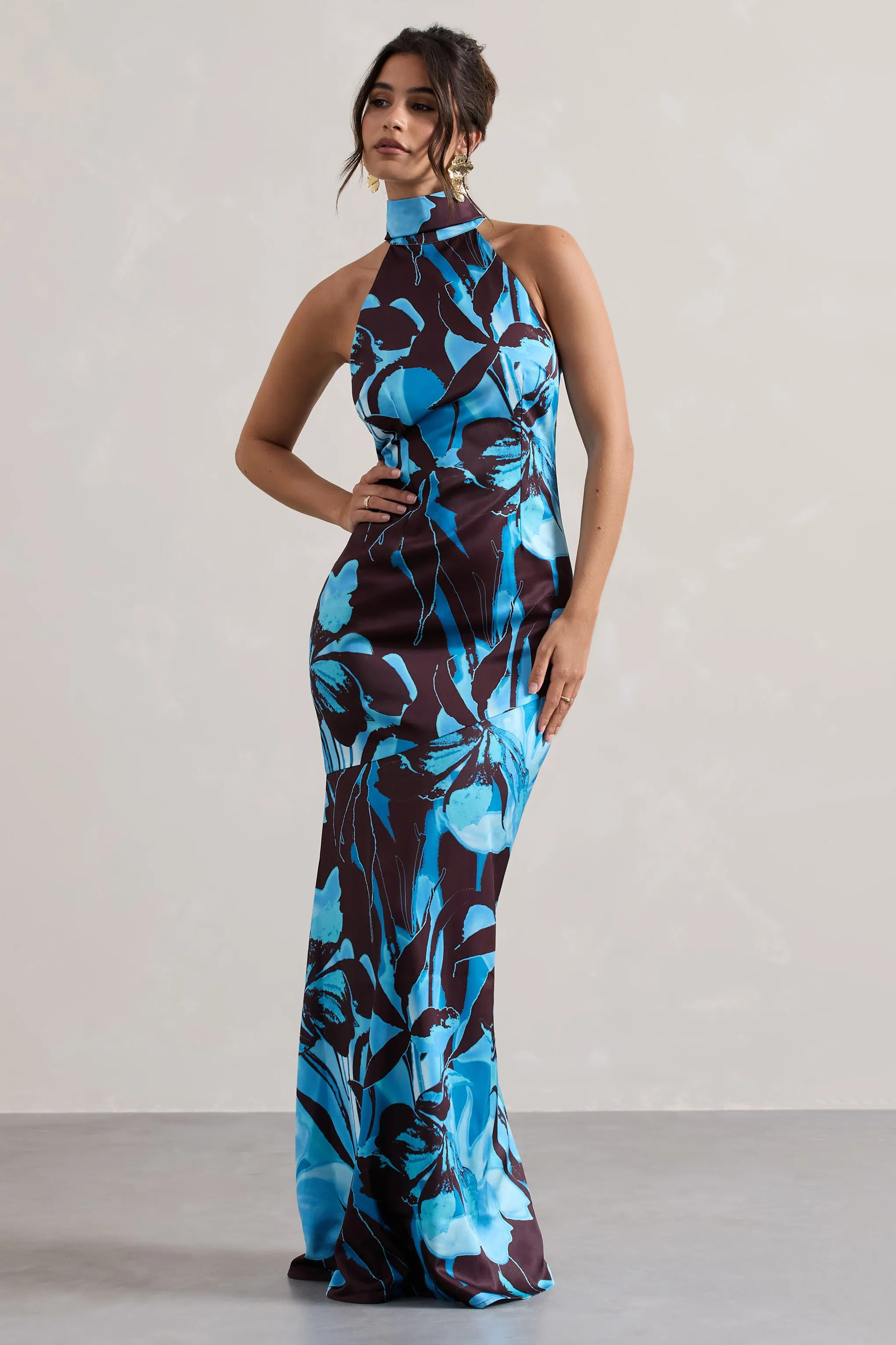 Adoria | Floral Print Satin High-Neck Maxi Dress Club L London