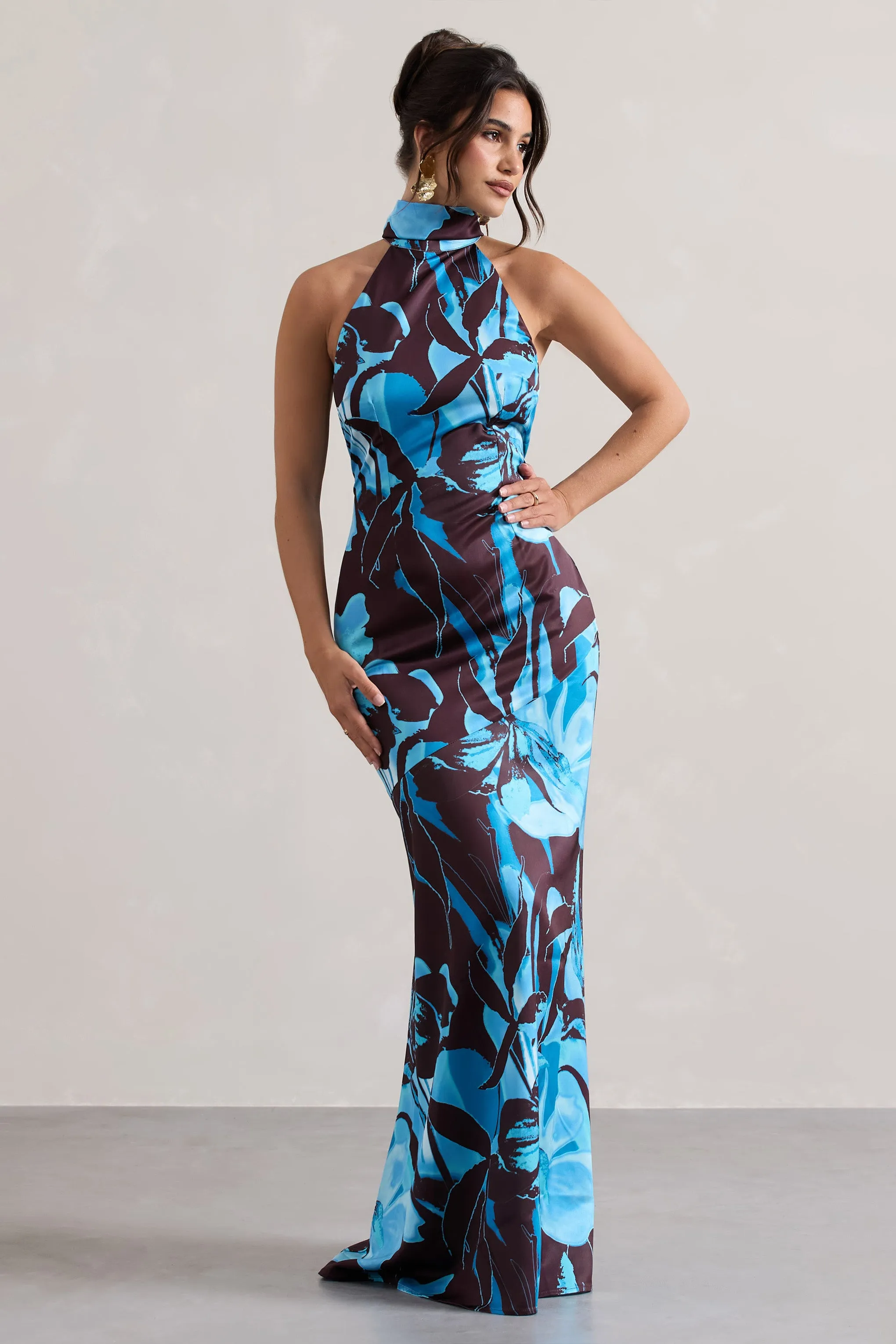 Adoria | Floral Print Satin High-Neck Maxi Dress Club L London