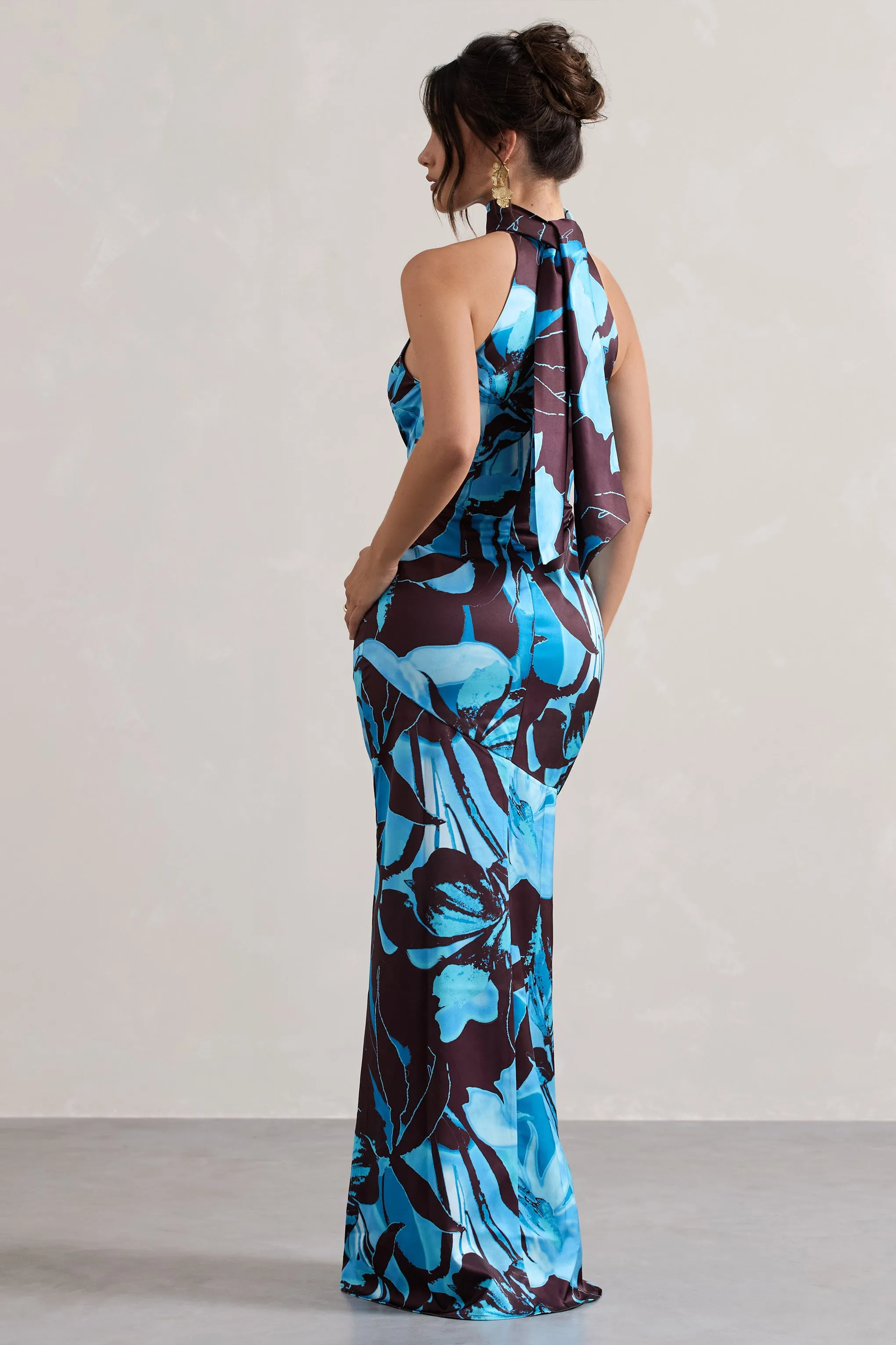 Adoria | Floral Print Satin High-Neck Maxi Dress Club L London