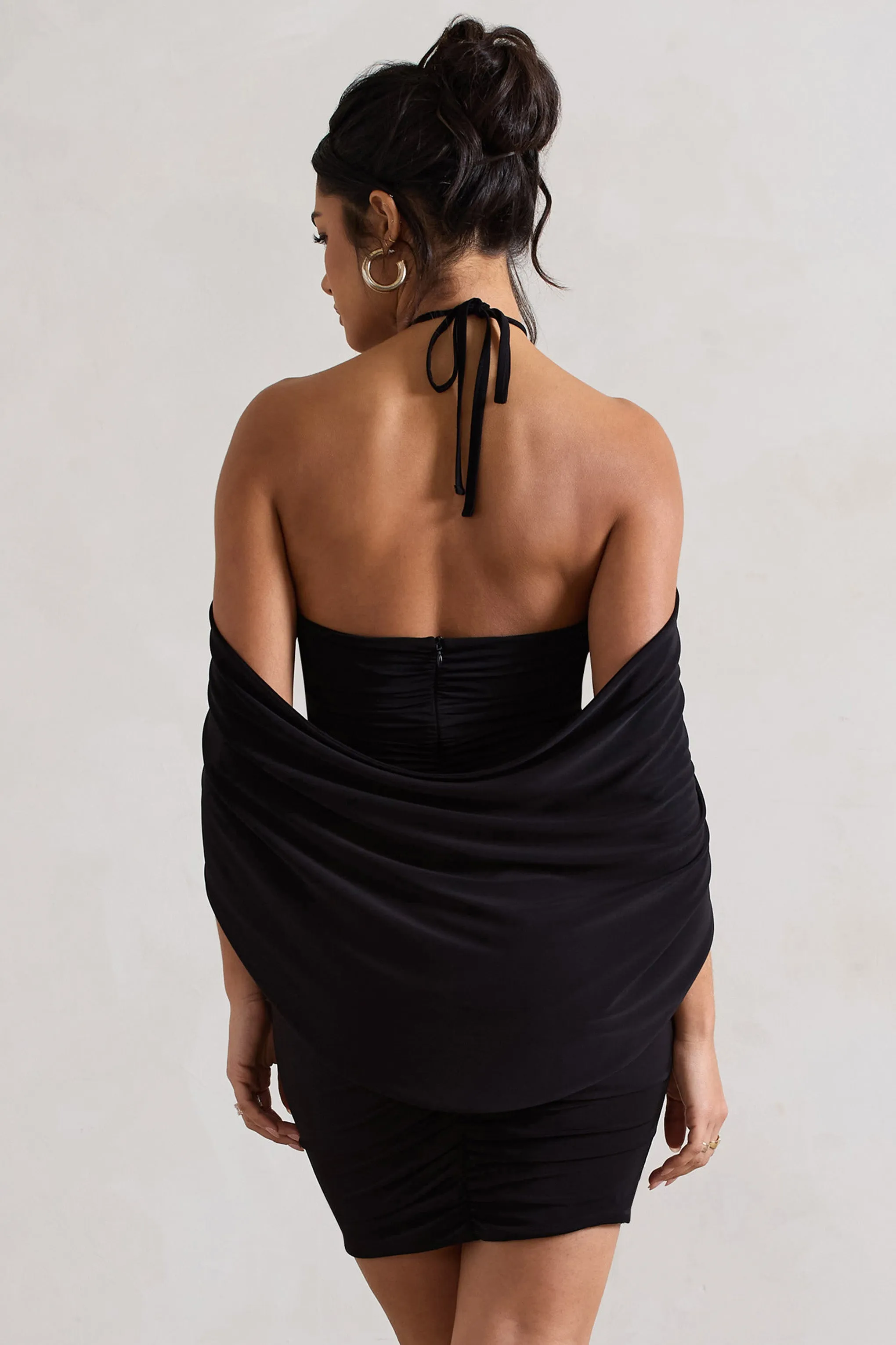 Adriana | Black Ruched Halter-Neck Draped Mini Dress With Corsage Club L London