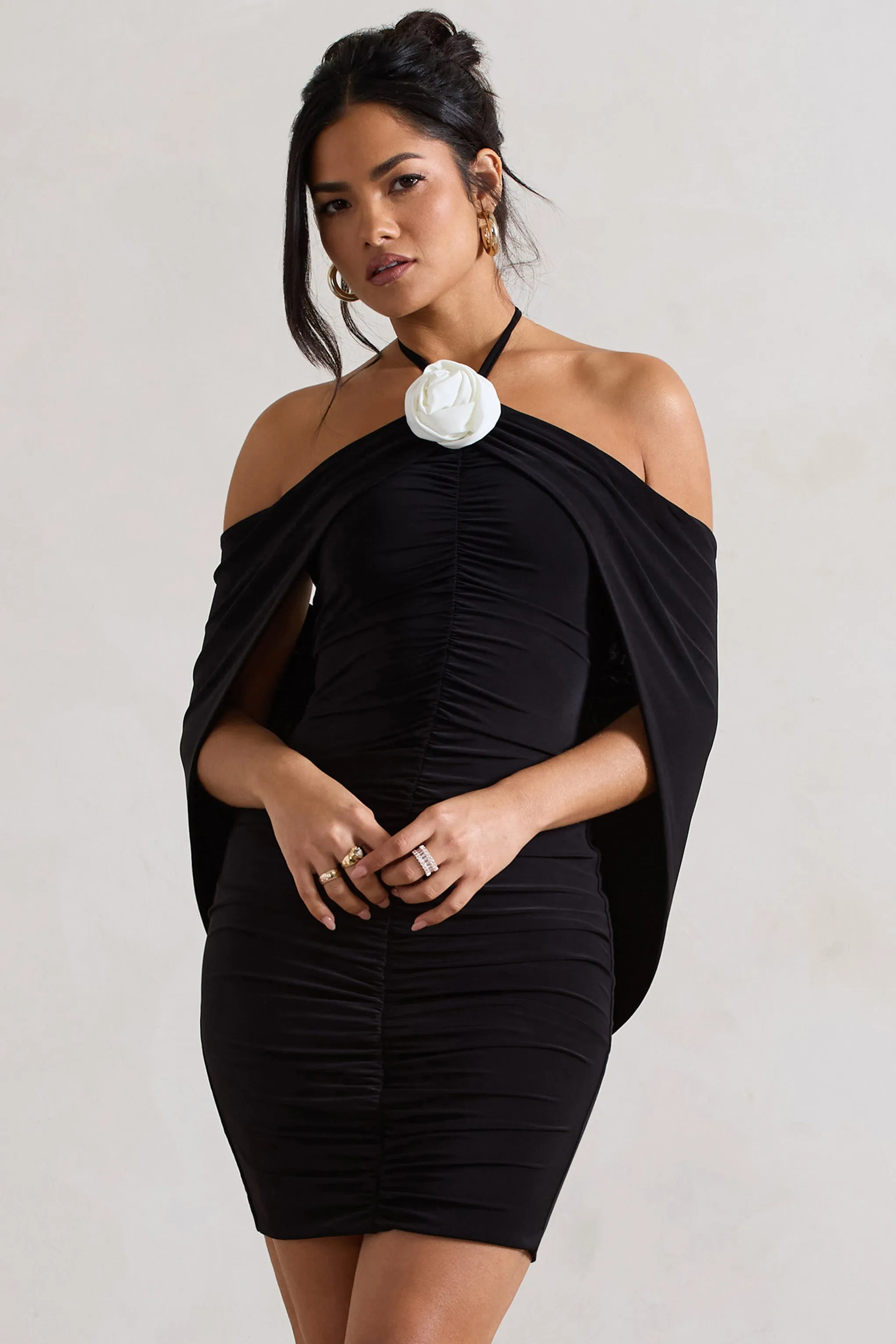 Adriana | Black Ruched Halter-Neck Draped Mini Dress With Corsage Club L London