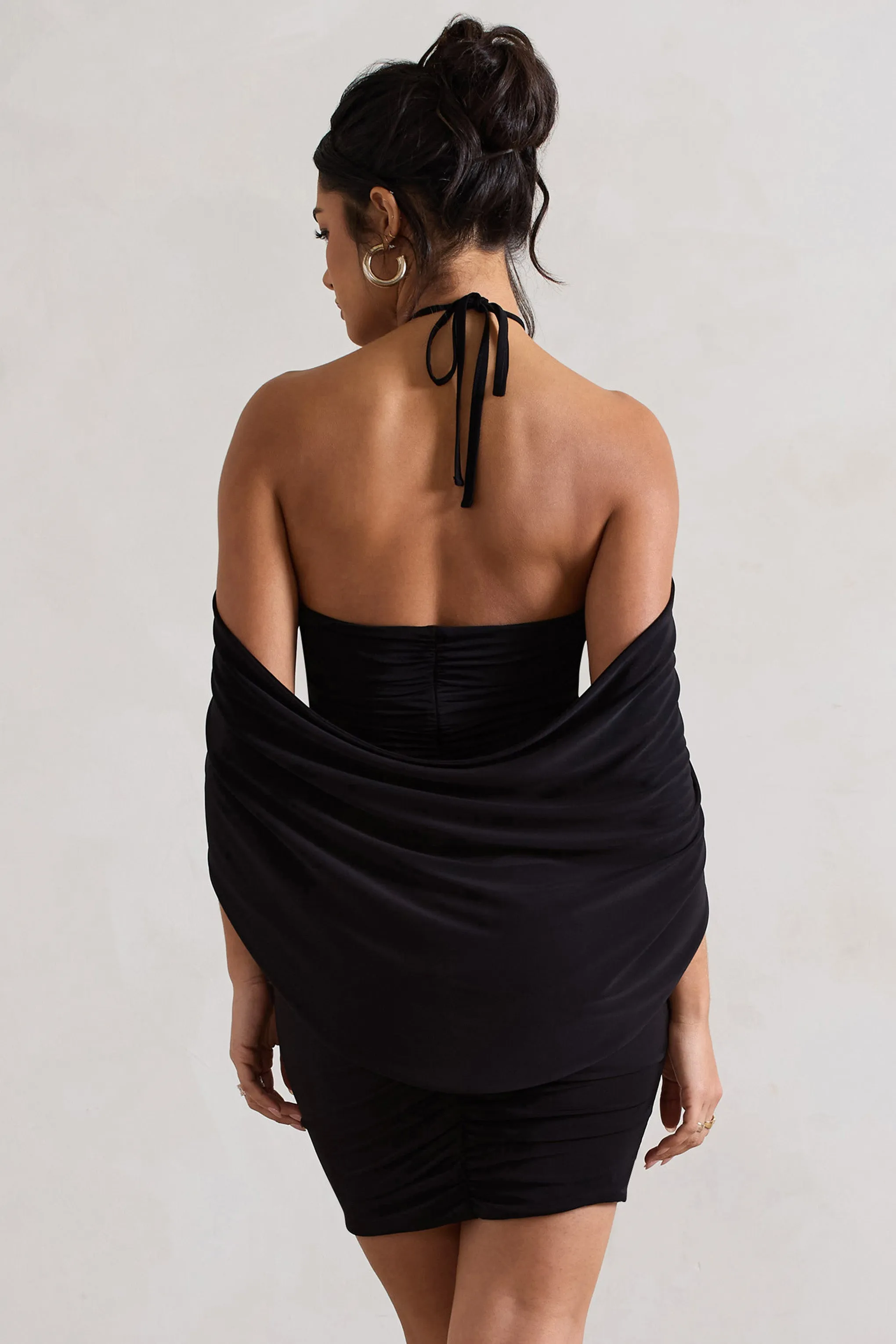 Adriana | Black Ruched Halter-Neck Draped Mini Dress With Corsage Club L London