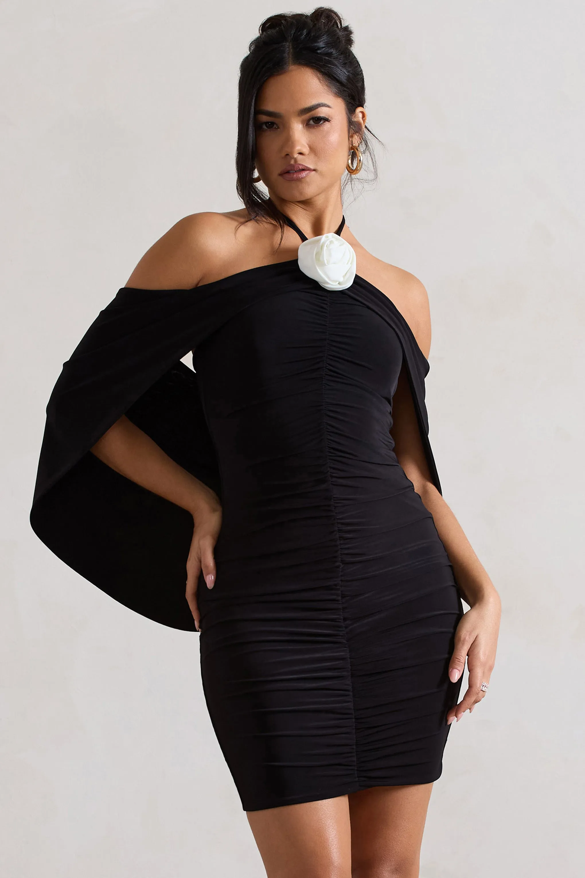 Adriana | Black Ruched Halter-Neck Draped Mini Dress With Corsage Club L London