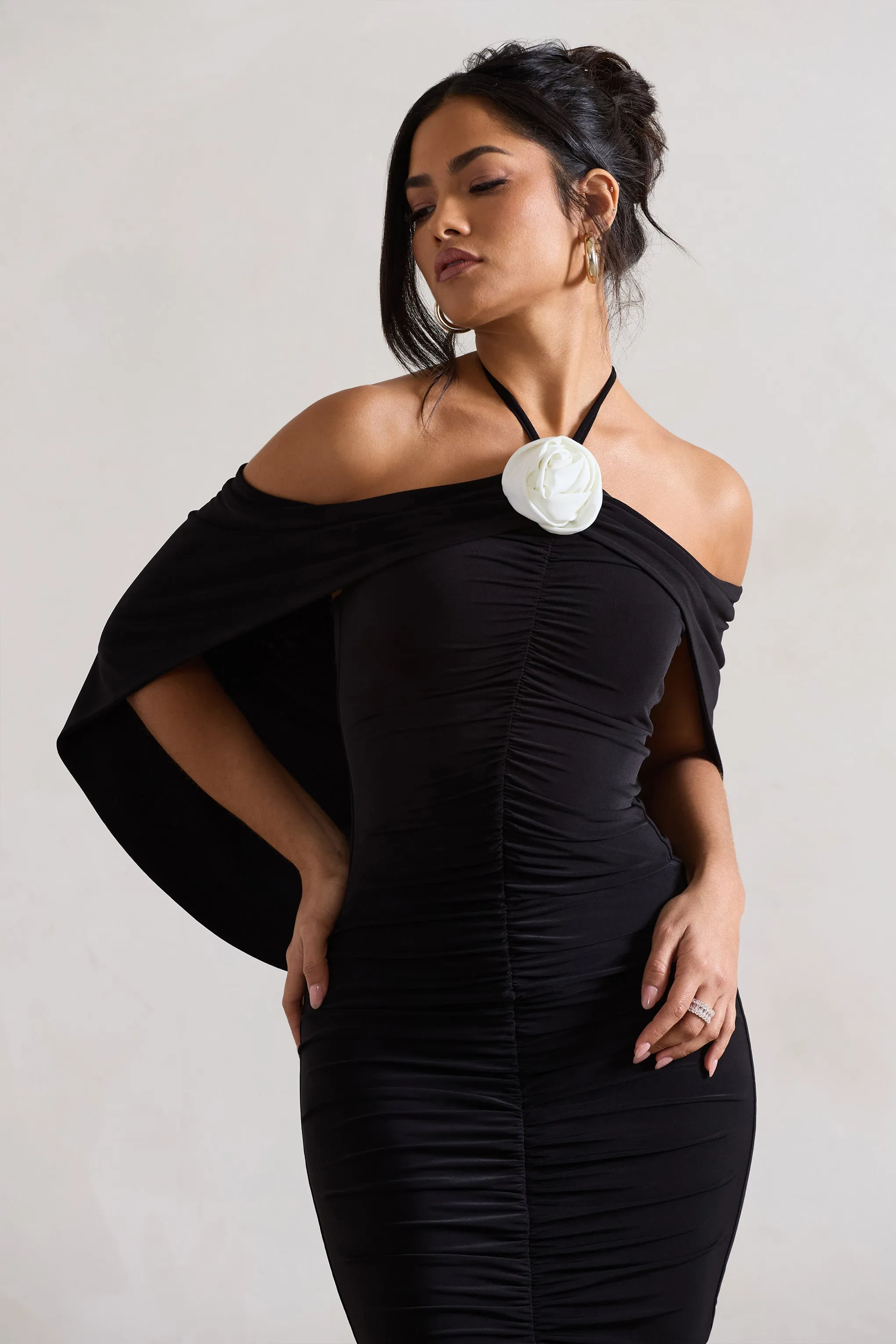 Adriana | Black Ruched Halter-Neck Draped Mini Dress With Corsage Club L London