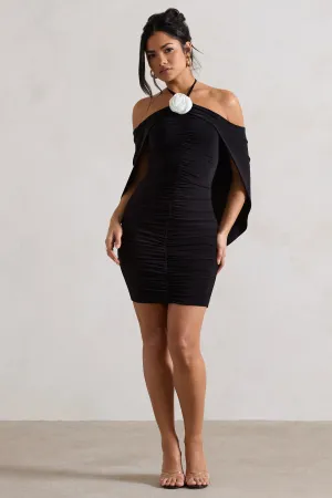 Adriana | Black Ruched Halter-Neck Draped Mini Dress With Corsage Club L London