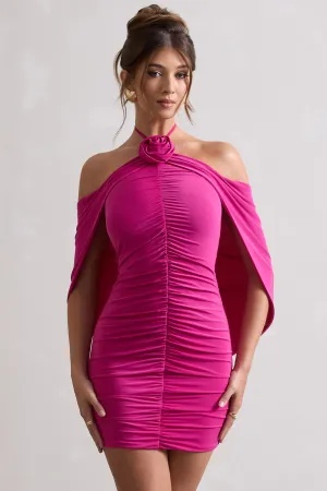 Adriana | Dark Pink Ruched Halter-Neck Draped Mini Dress With Corsage Club L London