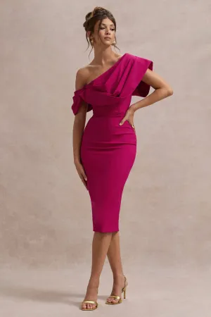 Adrina | Dark Pink Draped One Shoulder Midi Dress Club L London