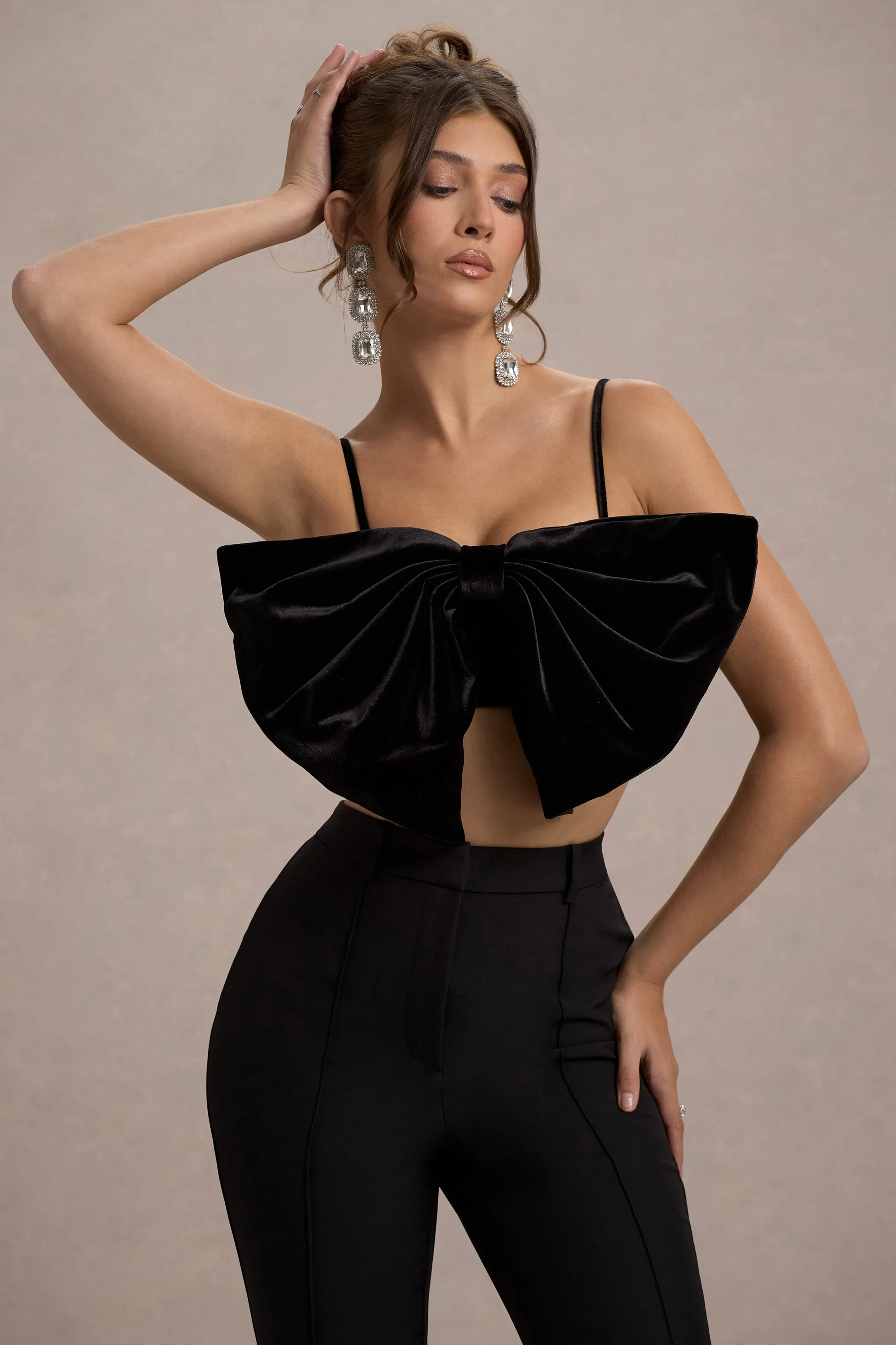 Adya | Black Velvet Strappy Bow Crop Top Club L London