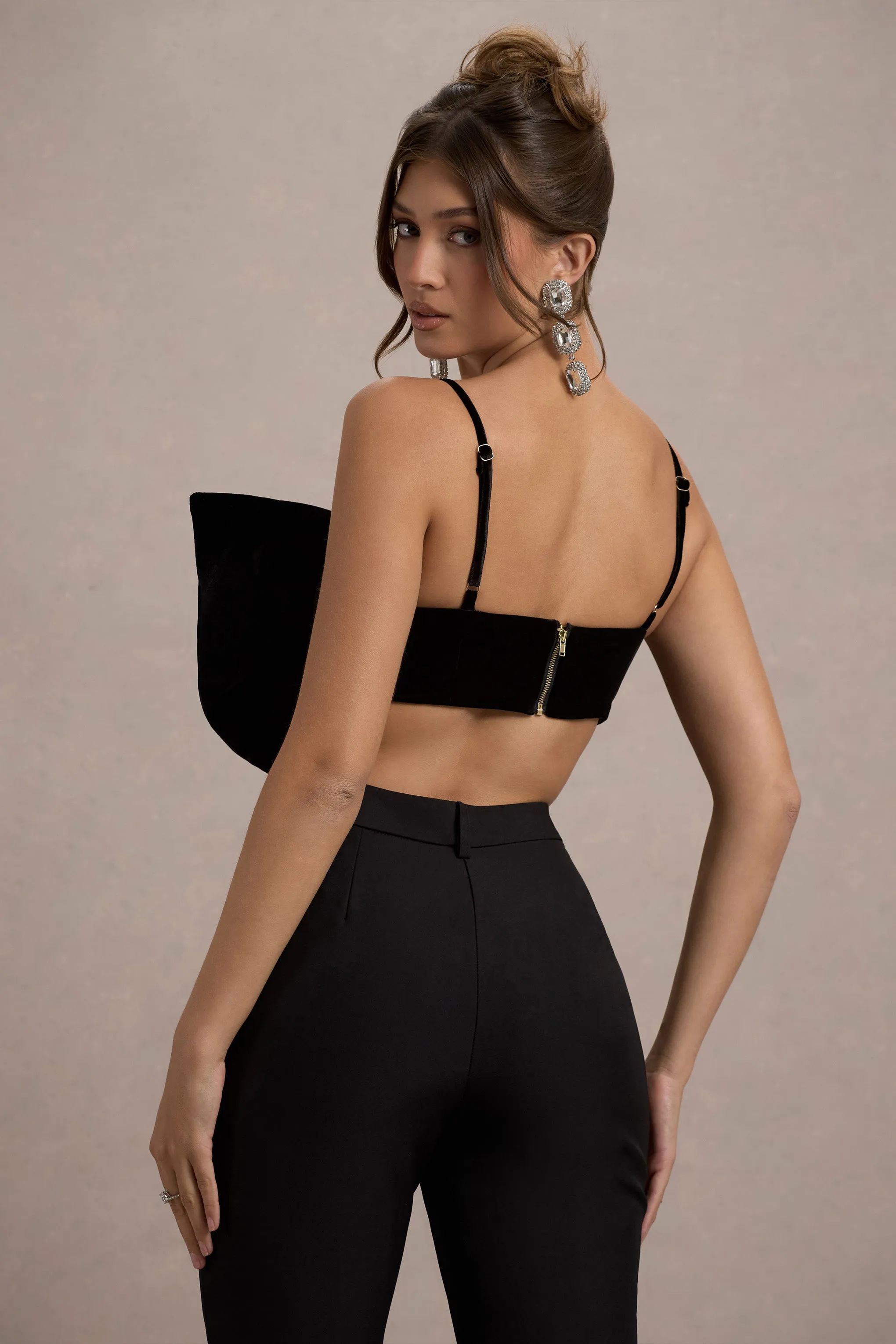Adya | Black Velvet Strappy Bow Crop Top Club L London