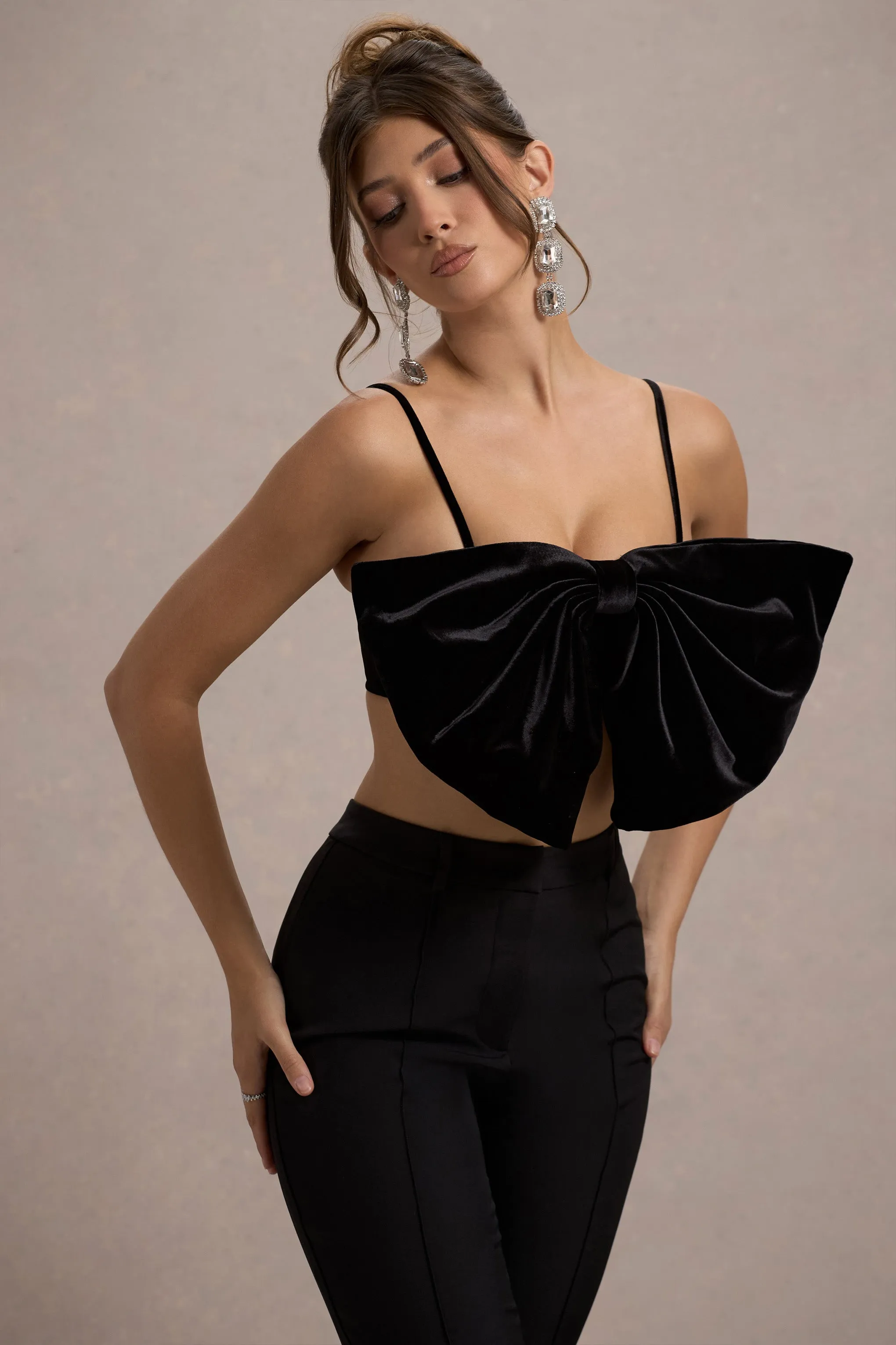 Adya | Black Velvet Strappy Bow Crop Top Club L London
