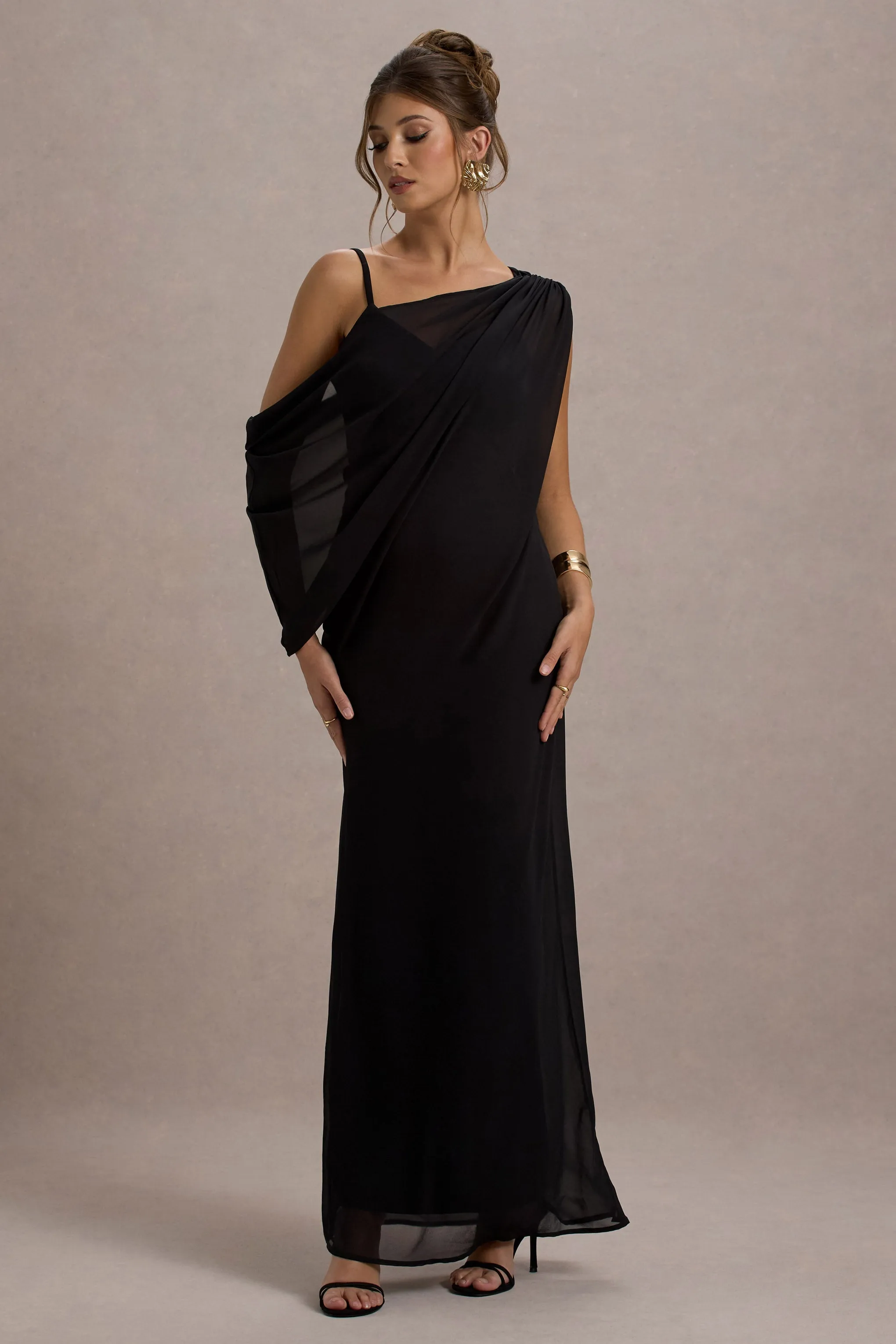 Aeliana | Black Strappy V-Neck Maxi Dress With Chiffon Sash Club L London