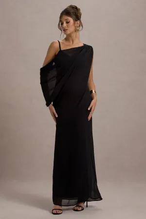 Aeliana | Black Strappy V-Neck Maxi Dress With Chiffon Sash Club L London