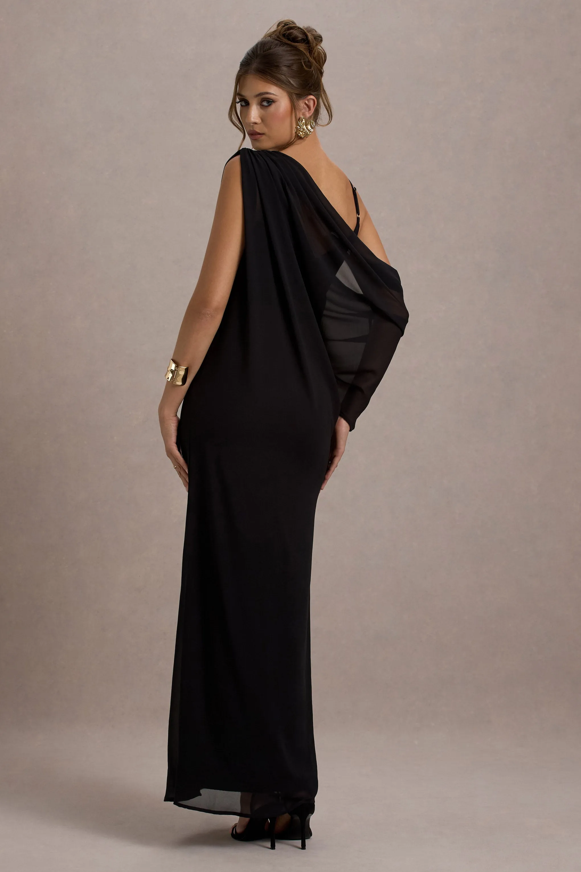 Aeliana | Black Strappy V-Neck Maxi Dress With Chiffon Sash Club L London
