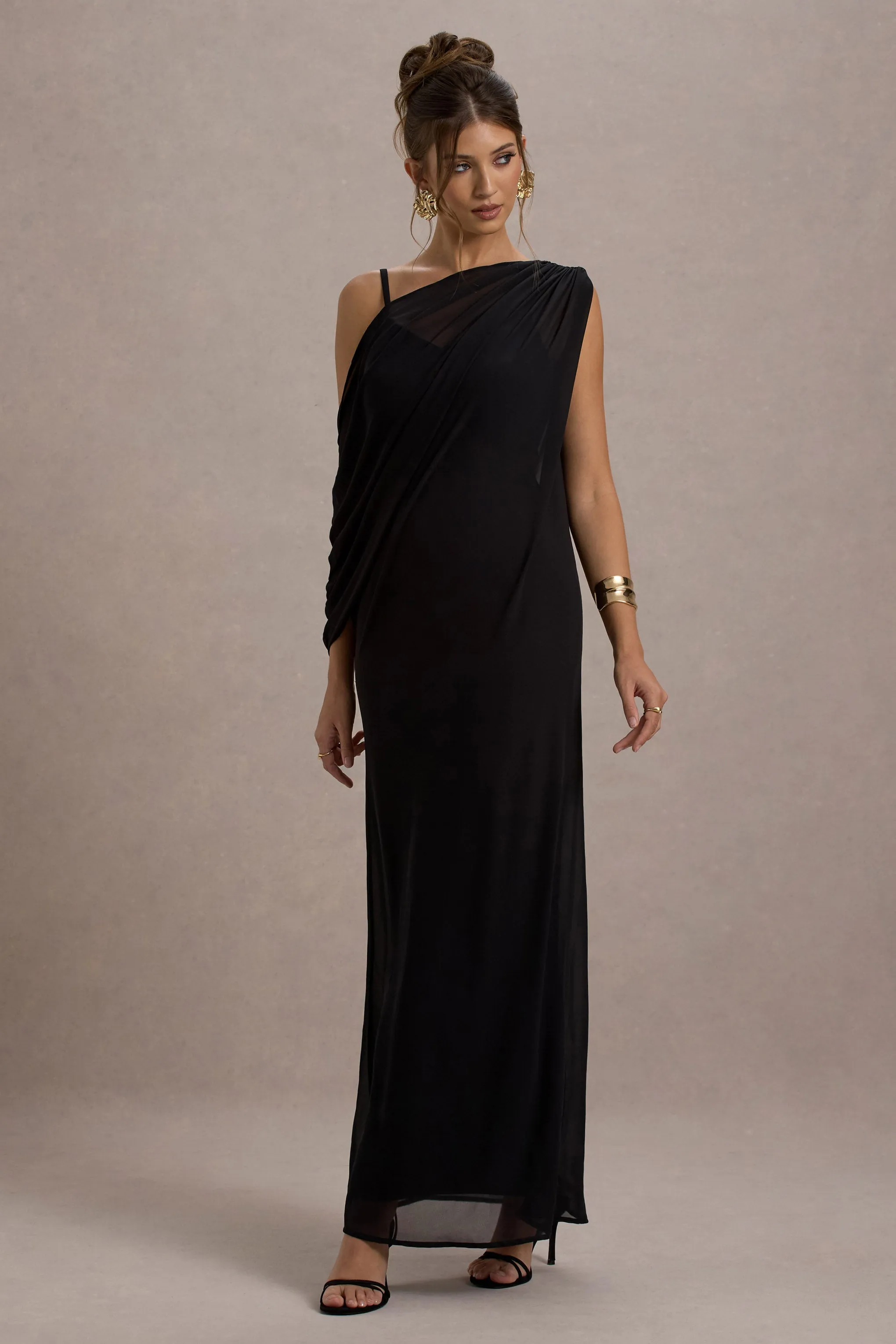 Aeliana | Black Strappy V-Neck Maxi Dress With Chiffon Sash Club L London