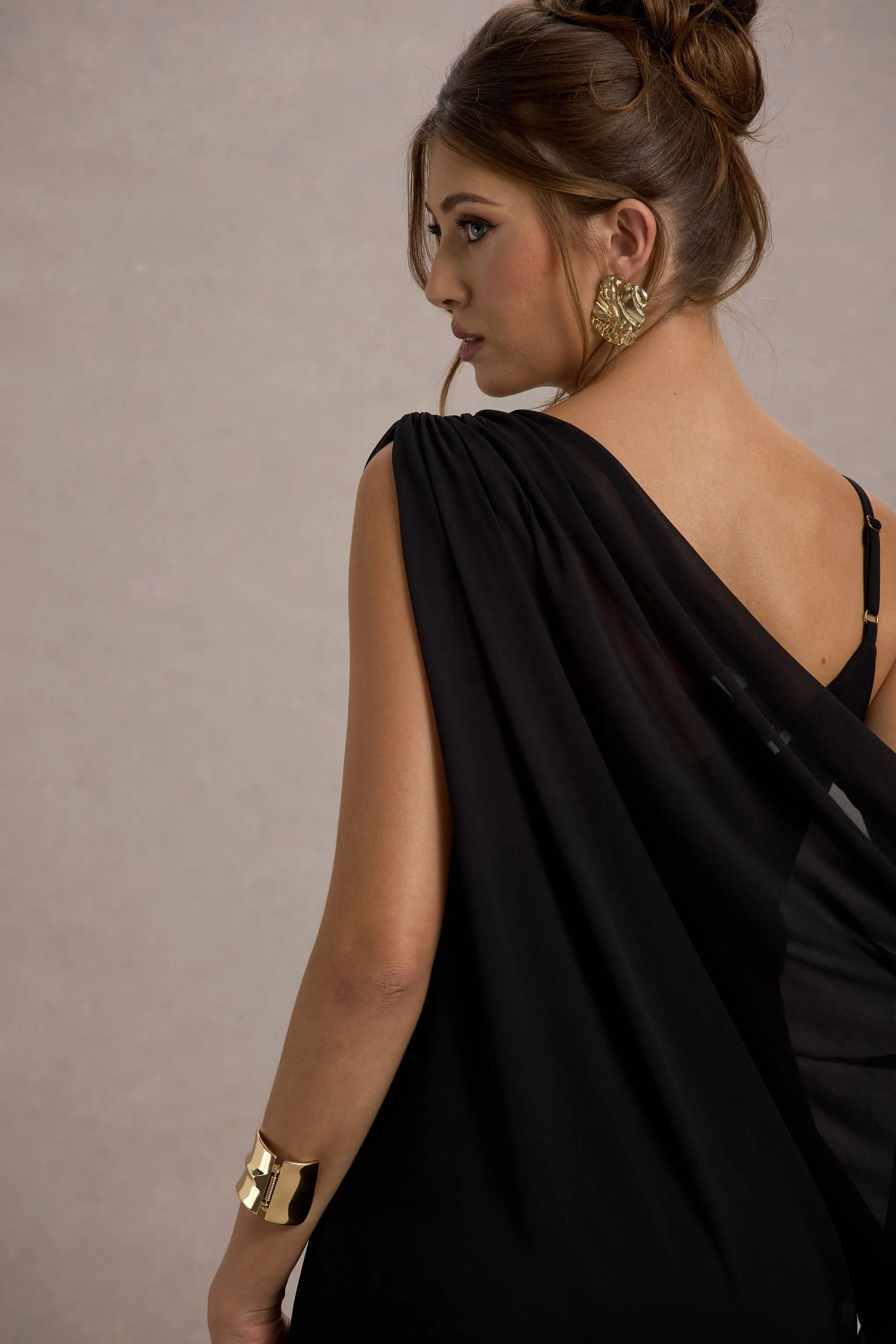 Aeliana | Black Strappy V-Neck Maxi Dress With Chiffon Sash Club L London