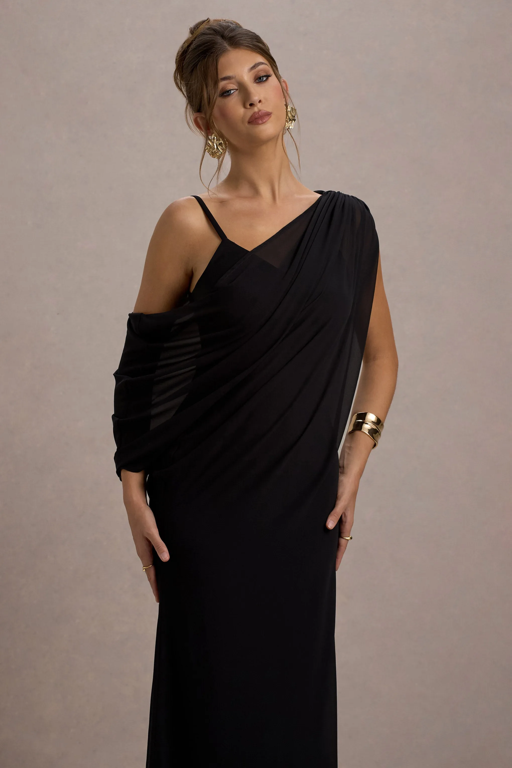Aeliana | Black Strappy V-Neck Maxi Dress With Chiffon Sash Club L London