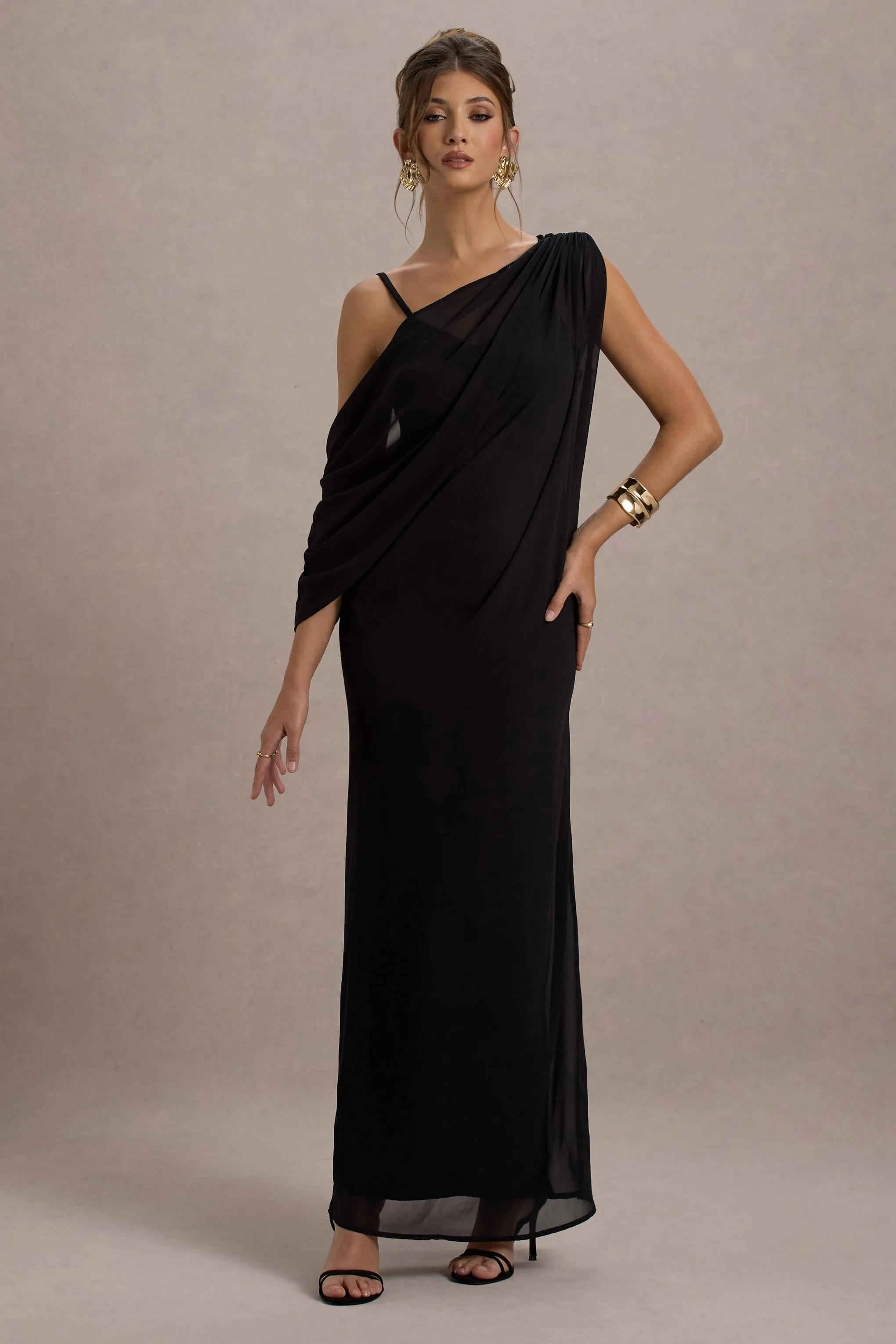 Aeliana | Black Strappy V-Neck Maxi Dress With Chiffon Sash Club L London