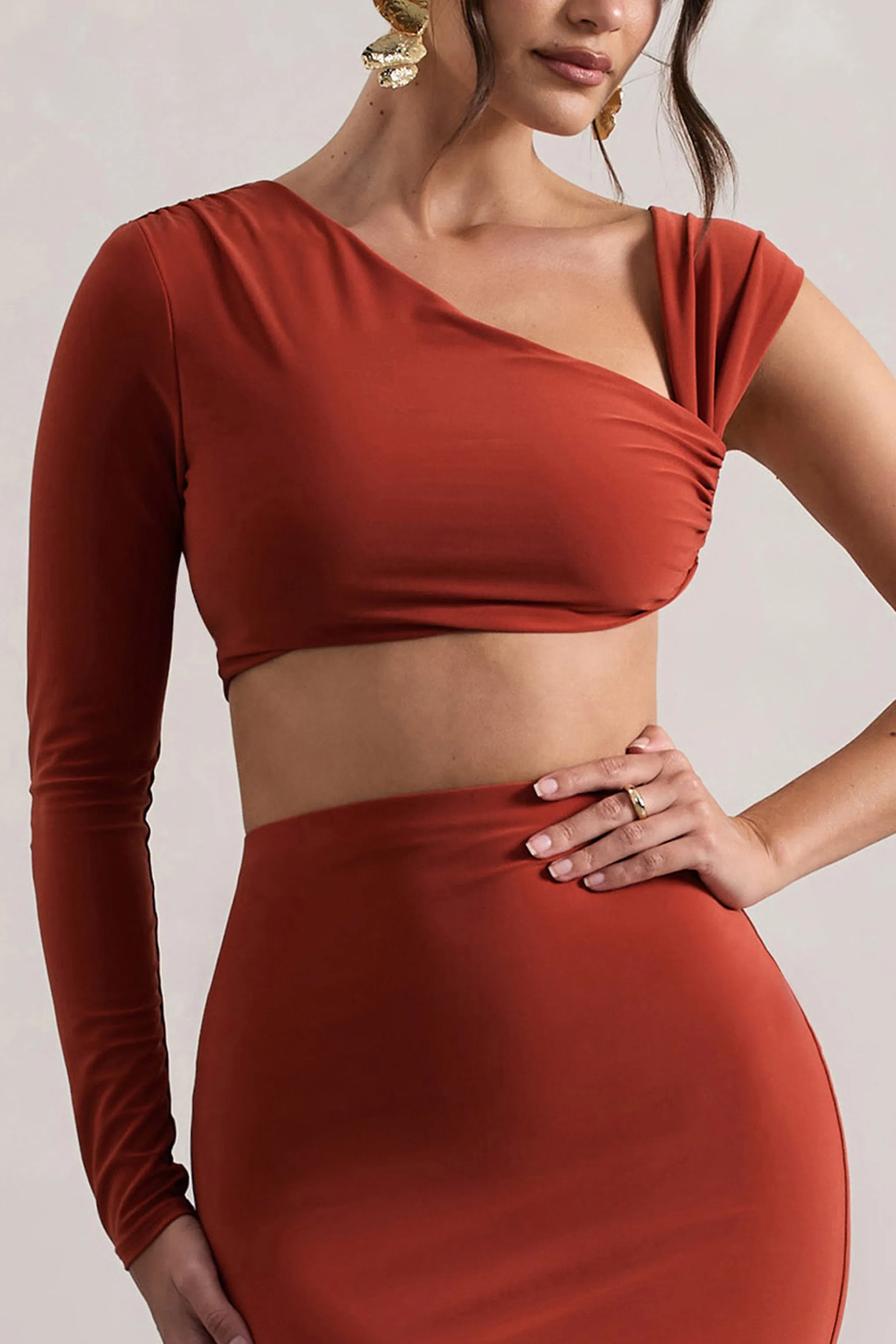Agalia | Terracotta Ruched Asymmetric One-Sleeve Crop Top Club L London