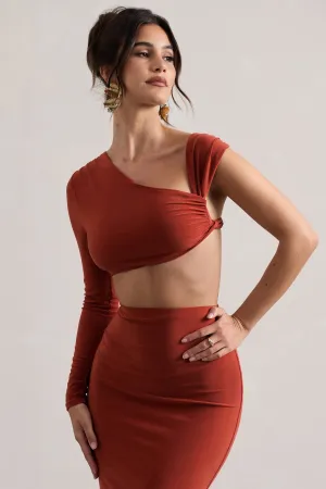 Agalia | Terracotta Ruched Asymmetric One-Sleeve Crop Top Club L London