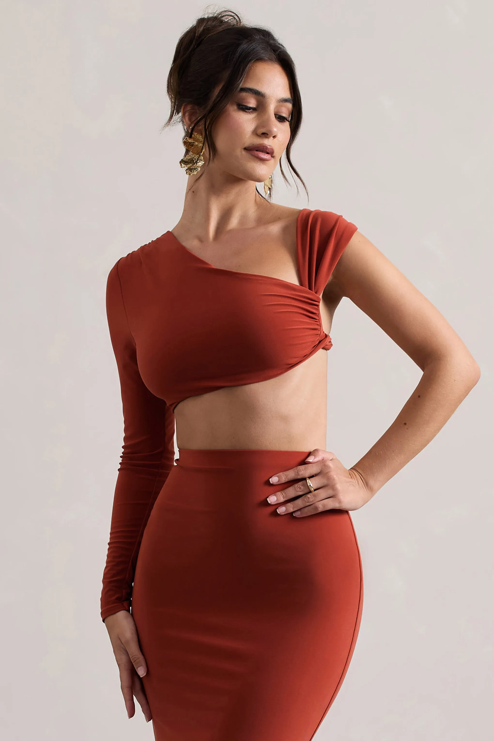 Agalia | Terracotta Ruched Asymmetric One-Sleeve Crop Top Club L London