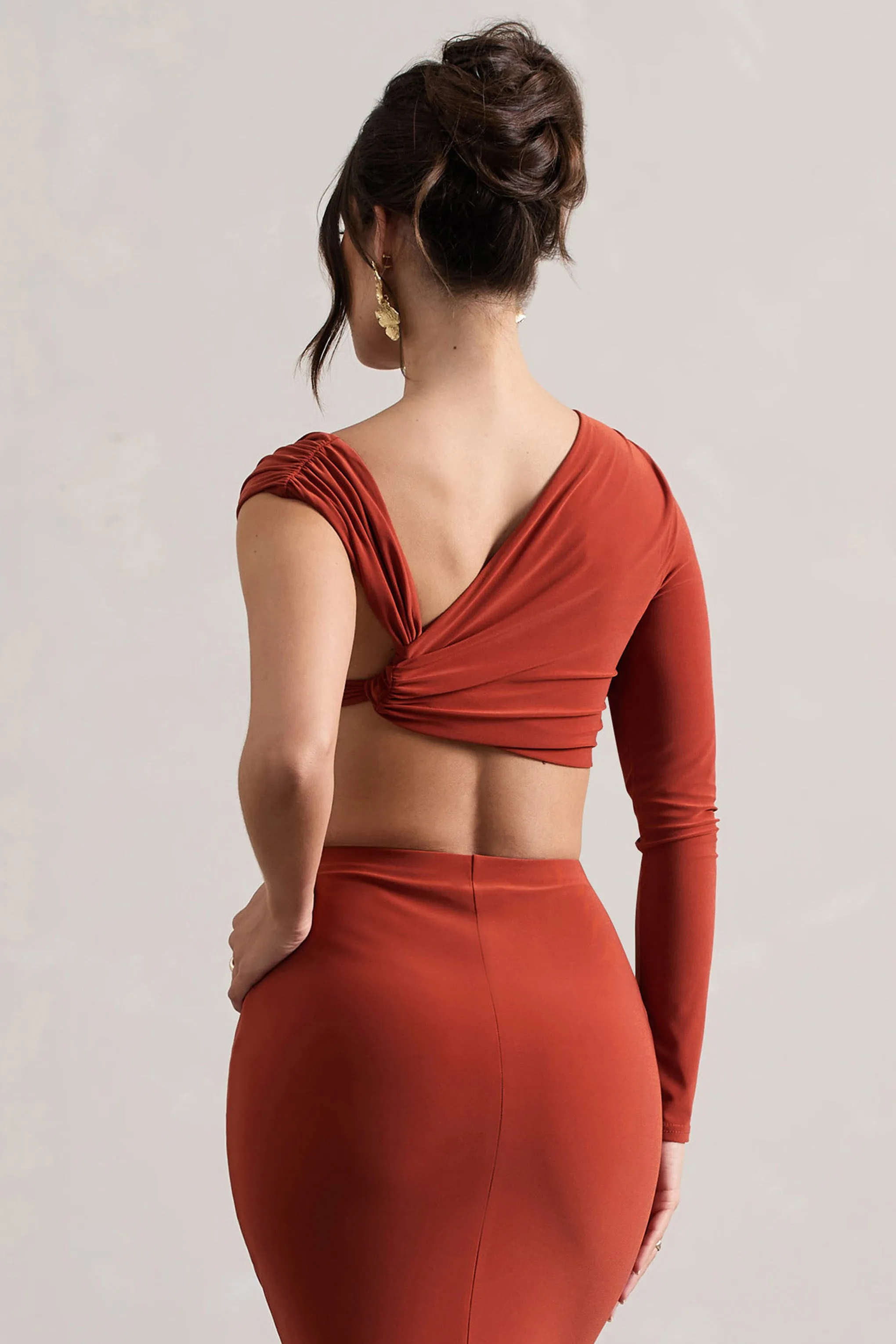 Agalia | Terracotta Ruched Asymmetric One-Sleeve Crop Top Club L London