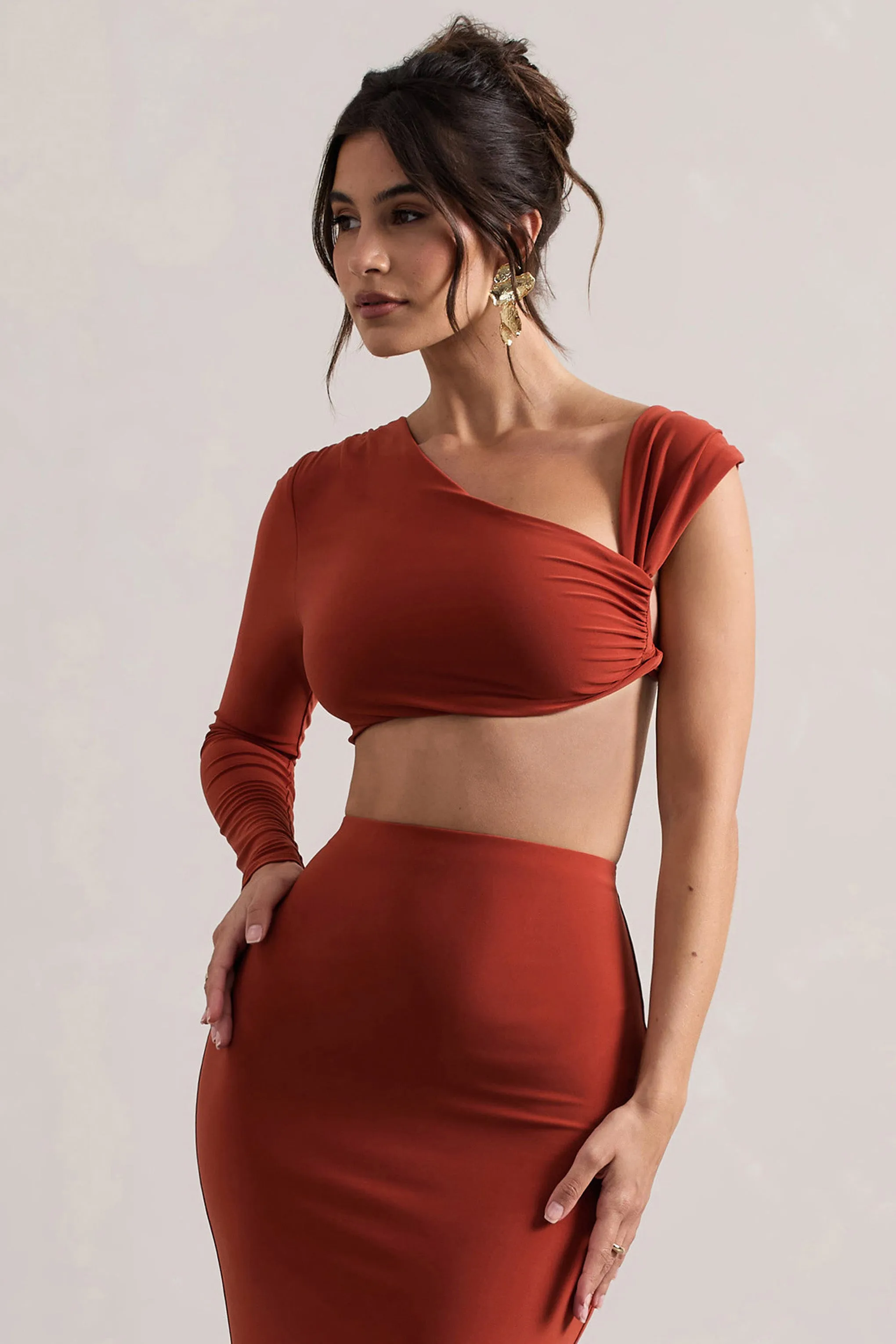 Agalia | Terracotta Ruched Asymmetric One-Sleeve Crop Top Club L London