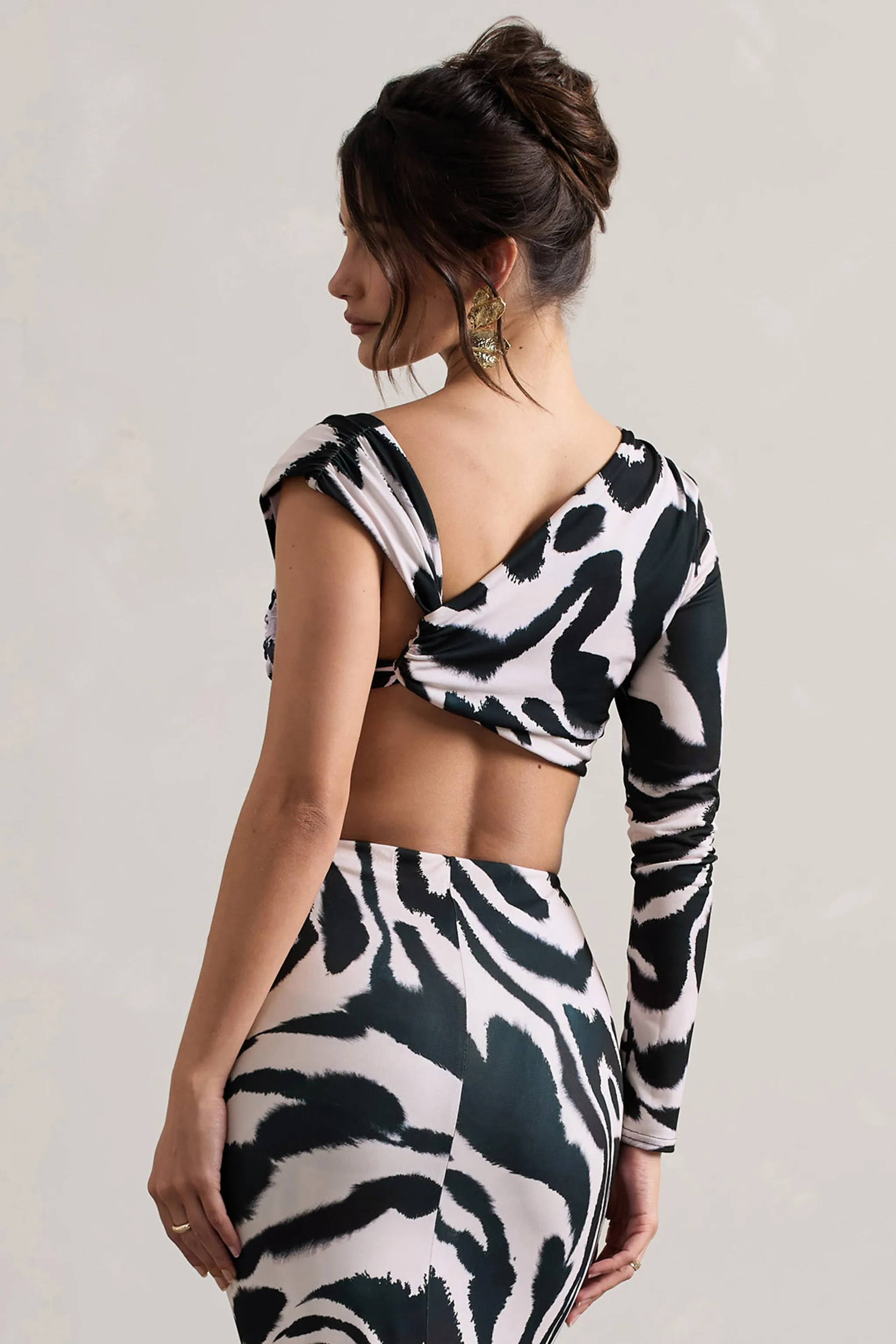 Agalia | Zebra Print Ruched Asymmetric One-Sleeve Crop Top Club L London