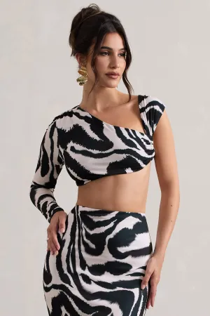 Agalia | Zebra Print Ruched Asymmetric One-Sleeve Crop Top Club L London
