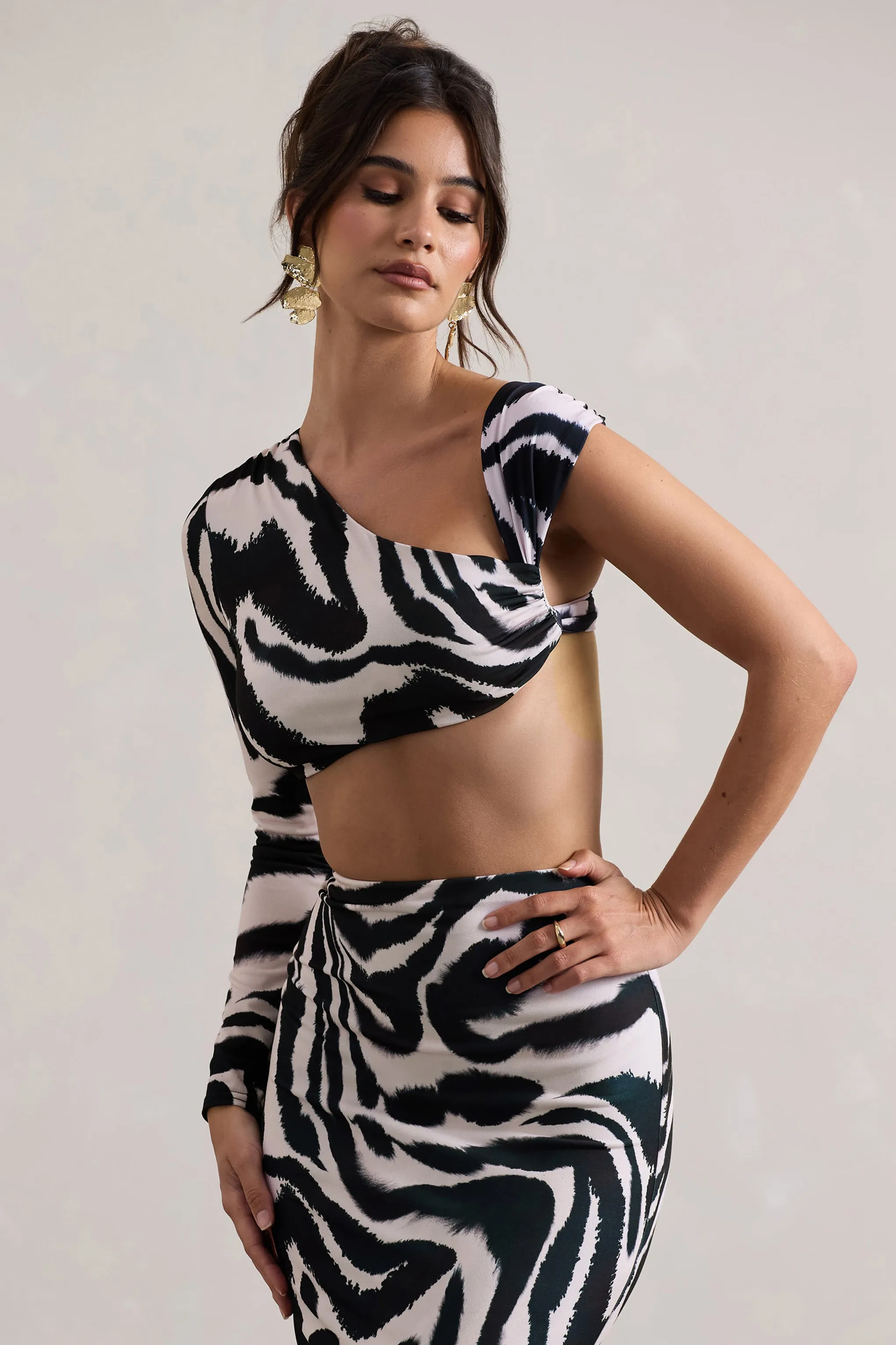 Agalia | Zebra Print Ruched Asymmetric One-Sleeve Crop Top Club L London