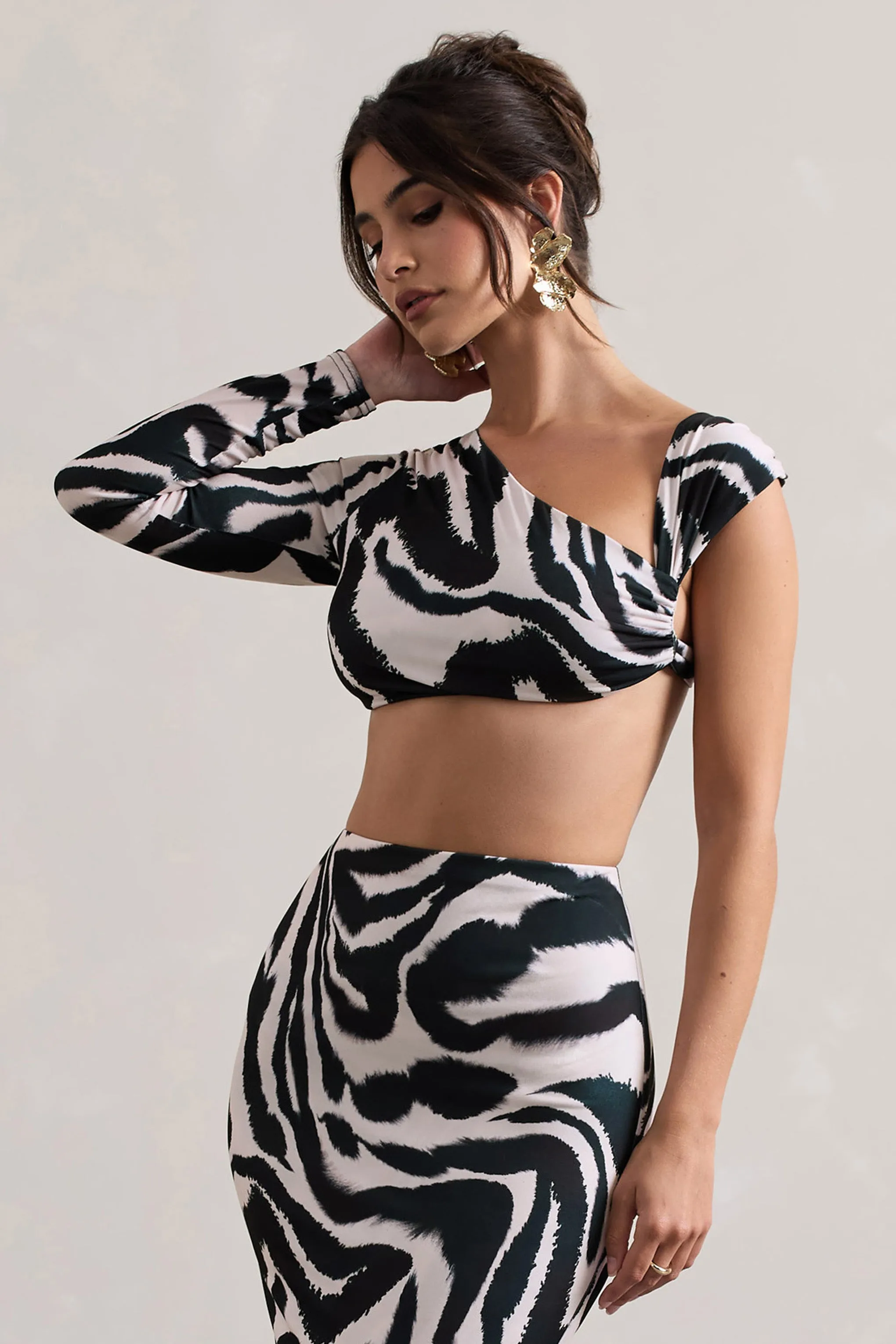 Agalia | Zebra Print Ruched Asymmetric One-Sleeve Crop Top Club L London