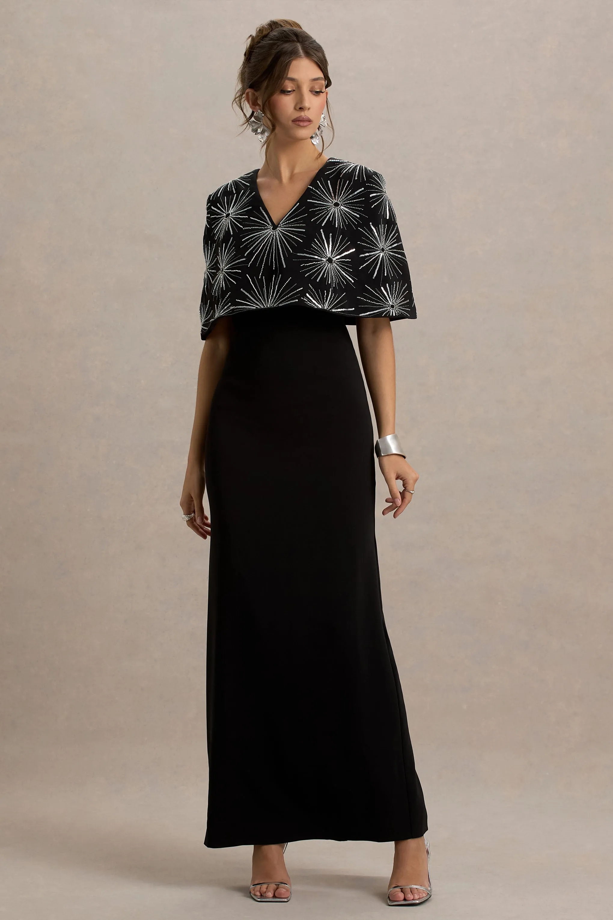 Agnella | Black Embellished V-Neck Maxi Dress Club L London