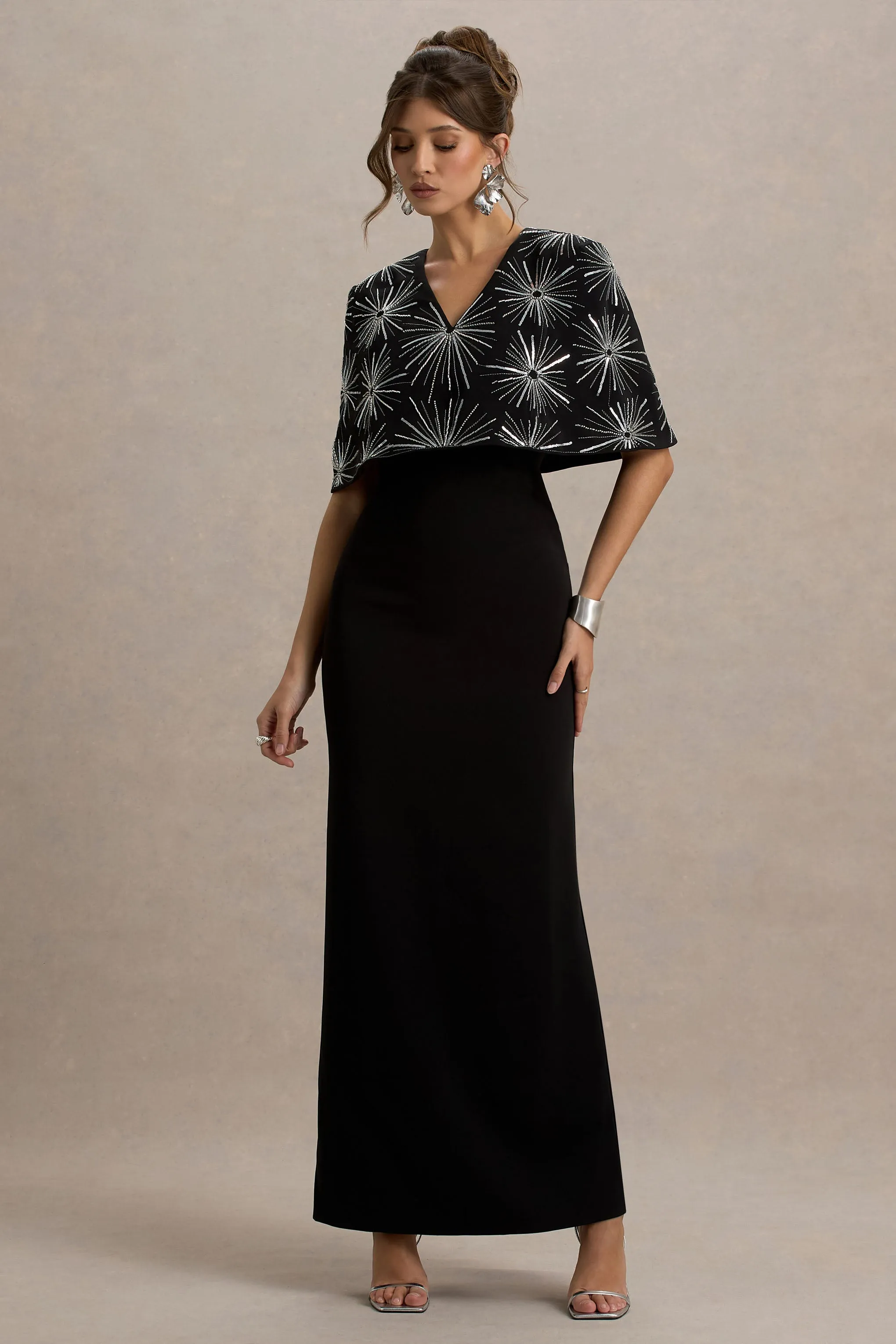 Agnella | Black Embellished V-Neck Maxi Dress Club L London