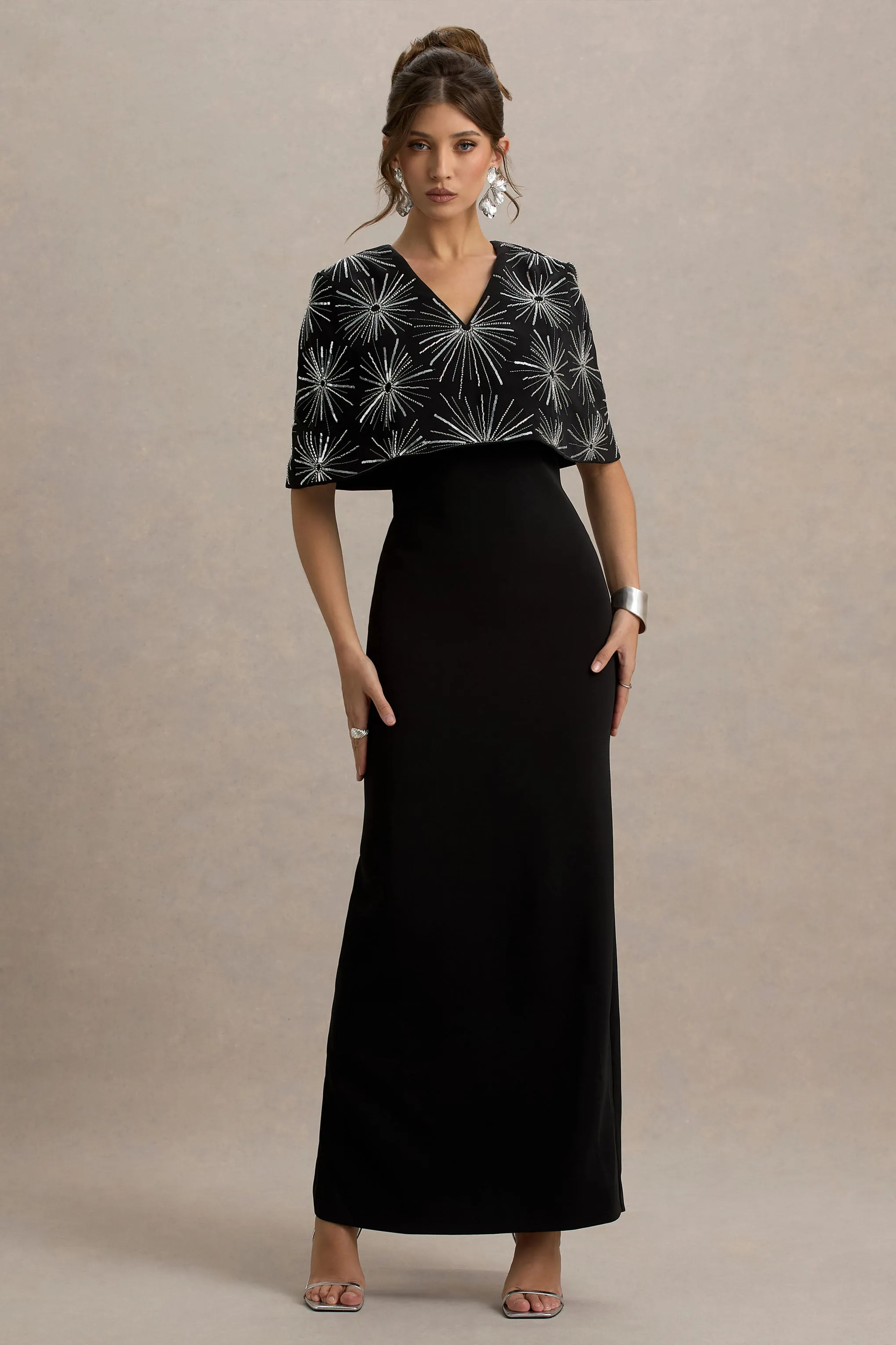 Agnella | Black Embellished V-Neck Maxi Dress Club L London