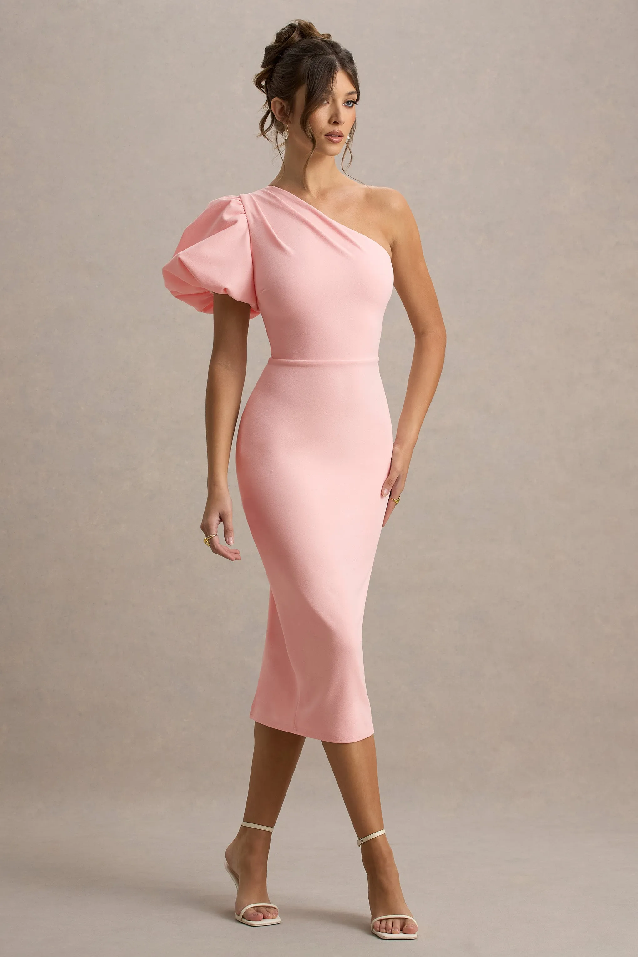 Aimee | Pink Asymmetric Puff-Sleeve Midi Dress Club L London