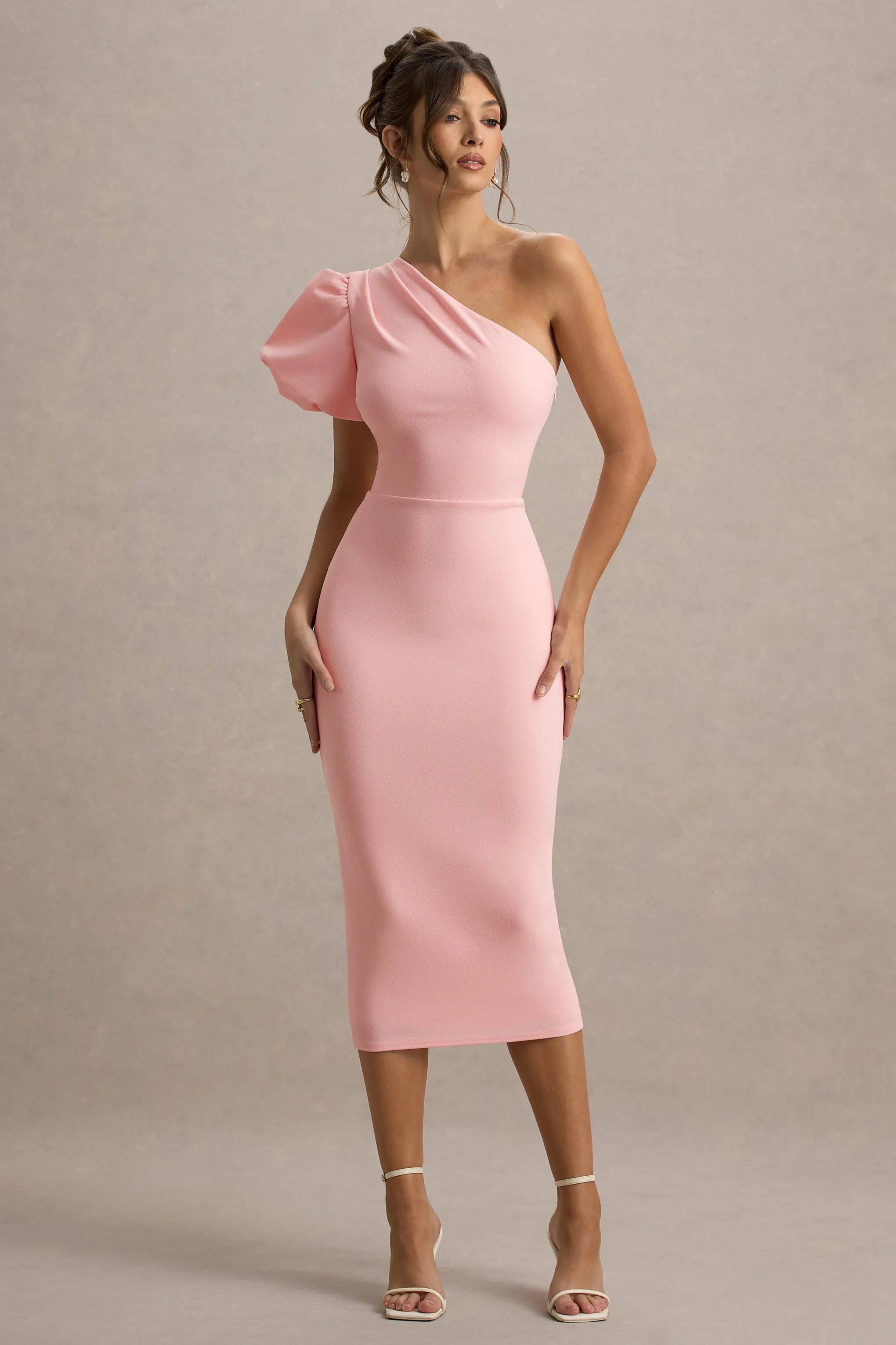 Aimee | Pink Asymmetric Puff-Sleeve Midi Dress Club L London