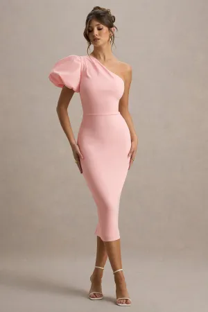 Aimee | Pink Asymmetric Puff-Sleeve Midi Dress Club L London