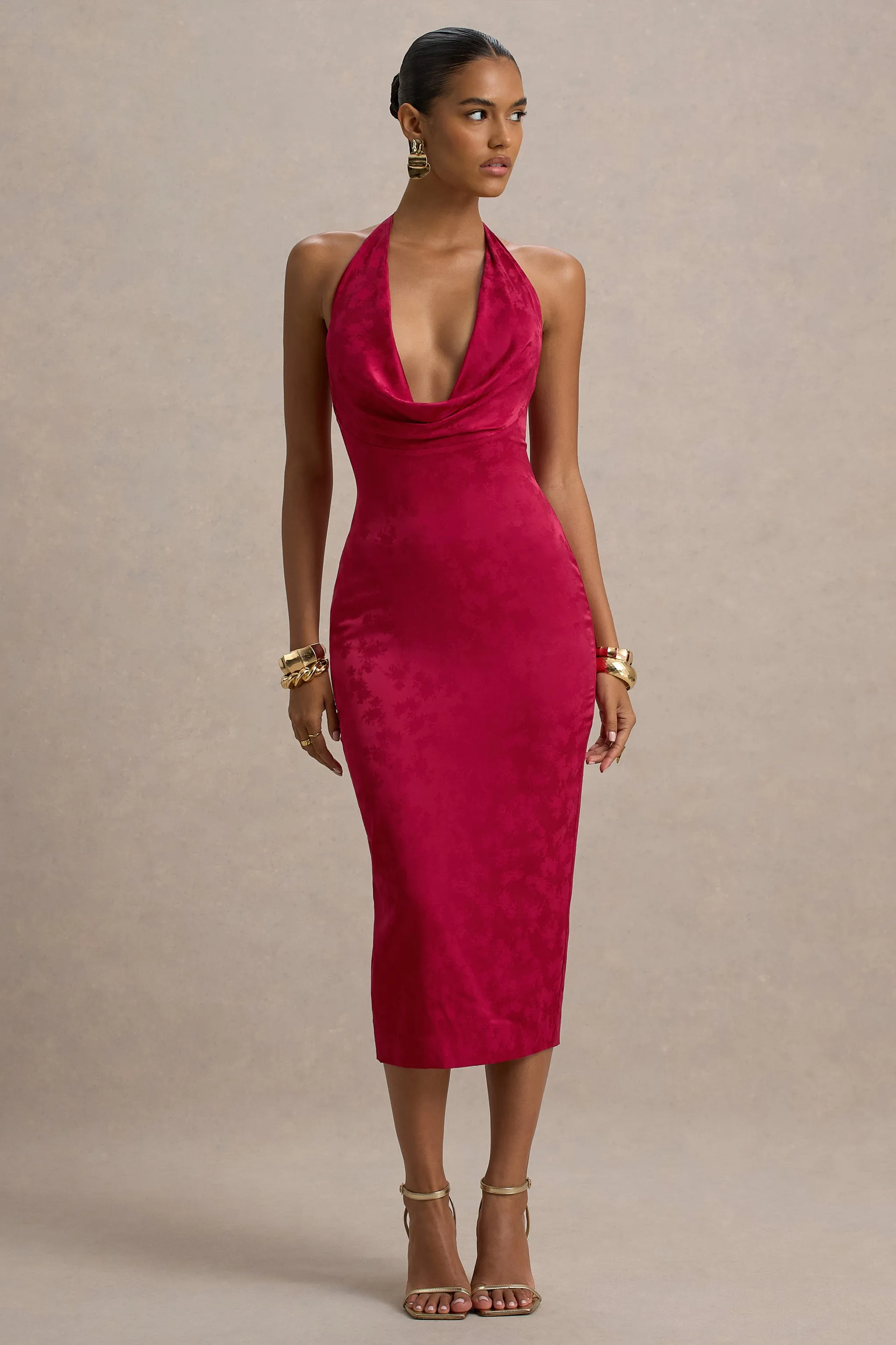 Aine | Red Satin Jacquard Cowl-Neck Midi Dress Club L London
