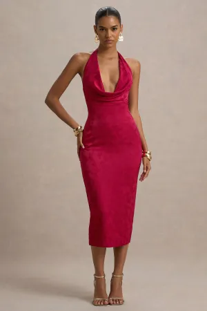 Aine | Red Satin Jacquard Cowl-Neck Midi Dress Club L London