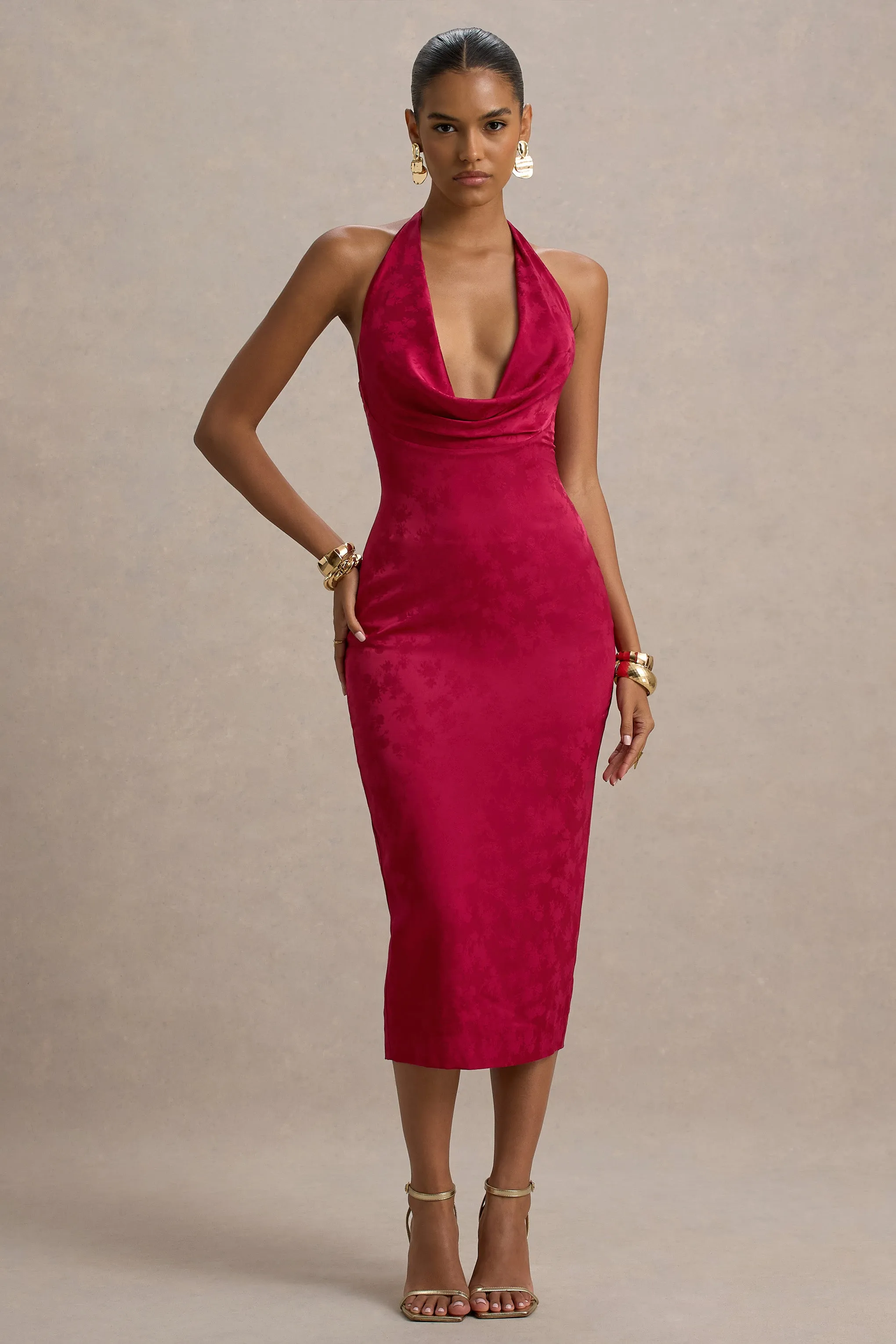 Aine | Red Satin Jacquard Cowl-Neck Midi Dress Club L London