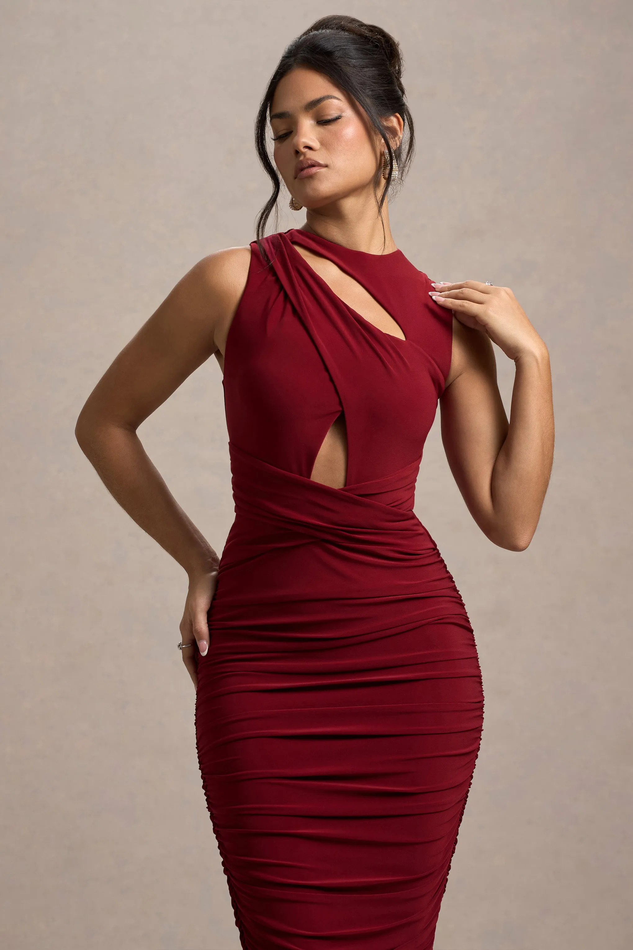 Aire | Wine Cut-Out Ruched Maxi Dress Club L London