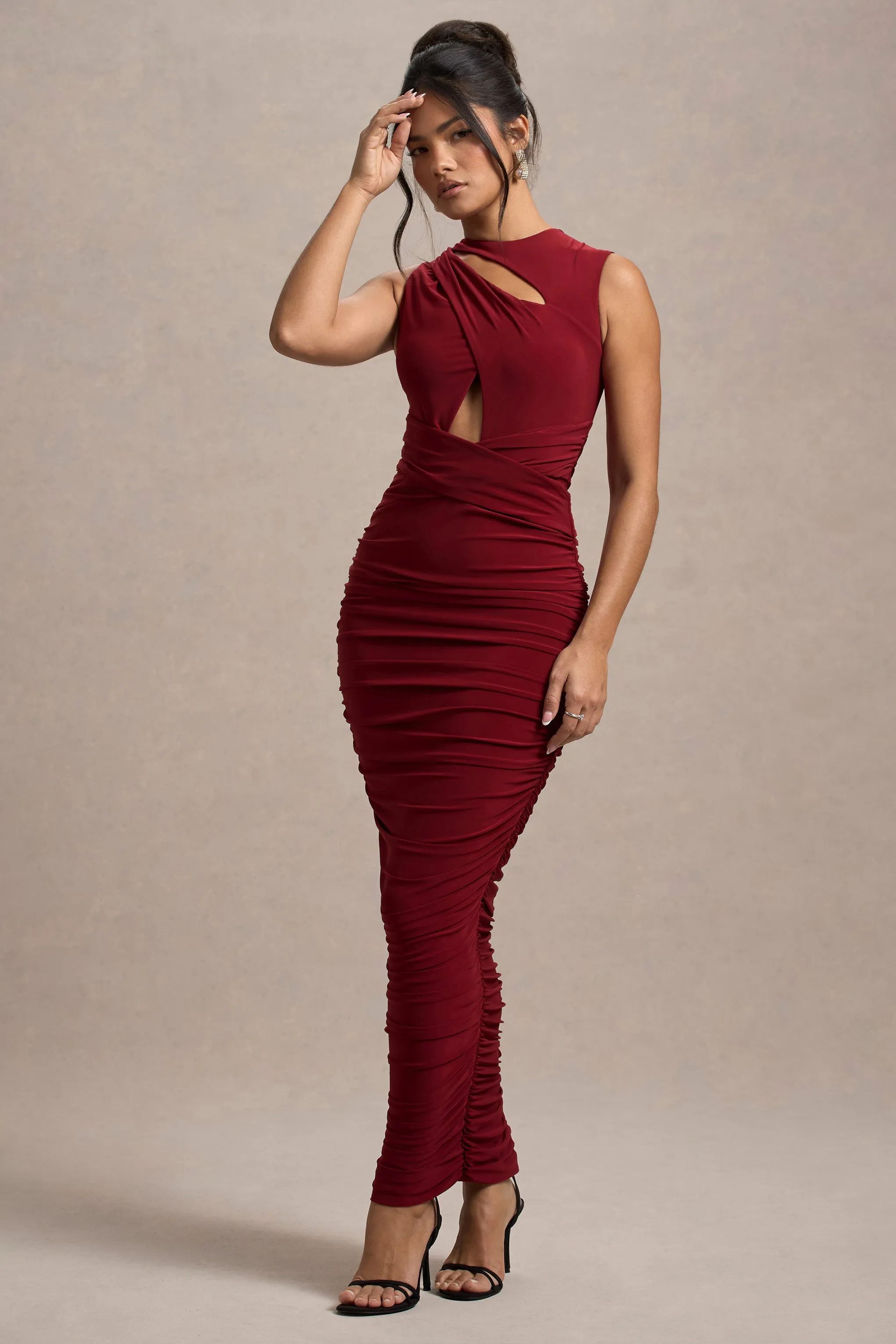 Aire | Wine Cut-Out Ruched Maxi Dress Club L London