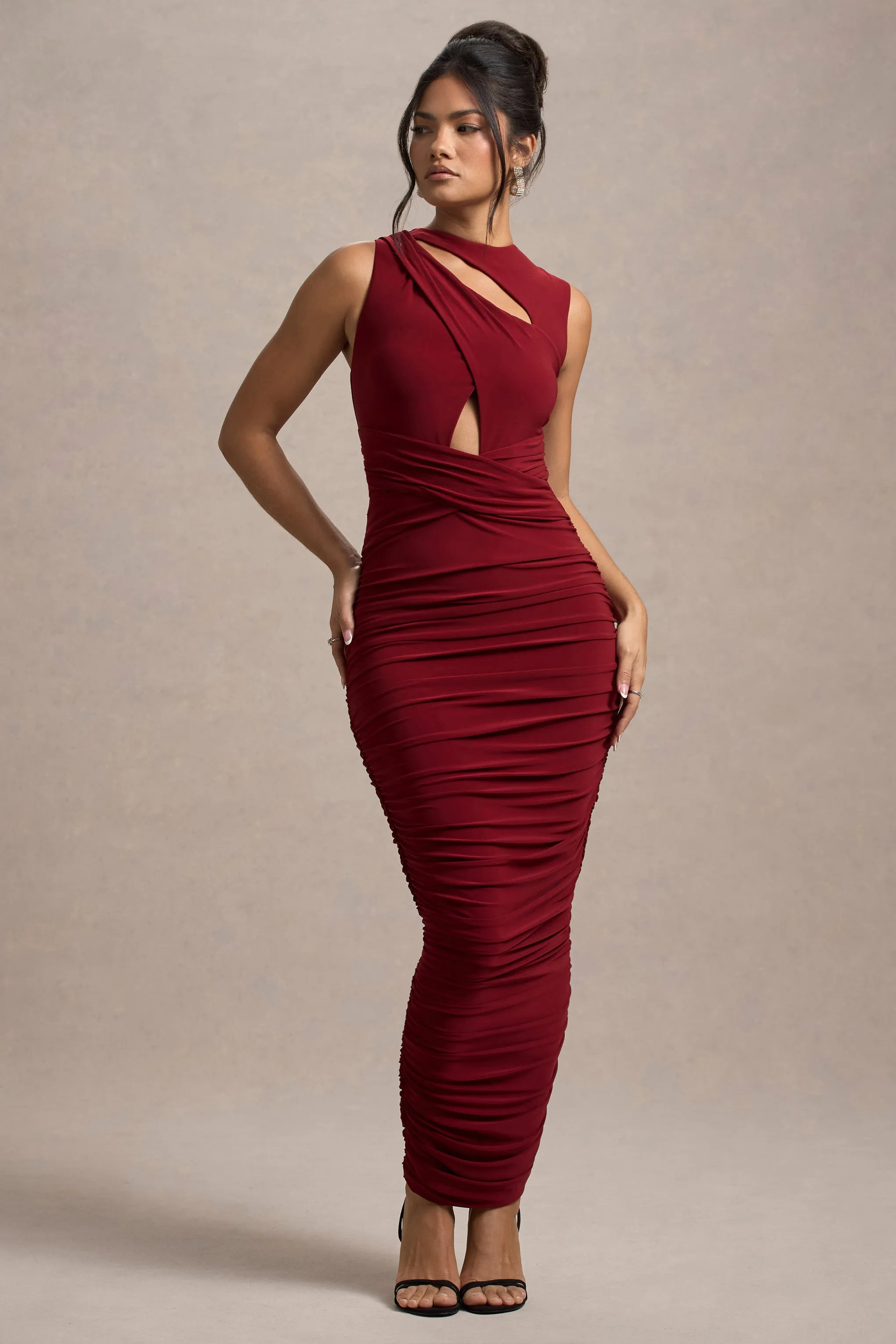 Aire | Wine Cut-Out Ruched Maxi Dress Club L London