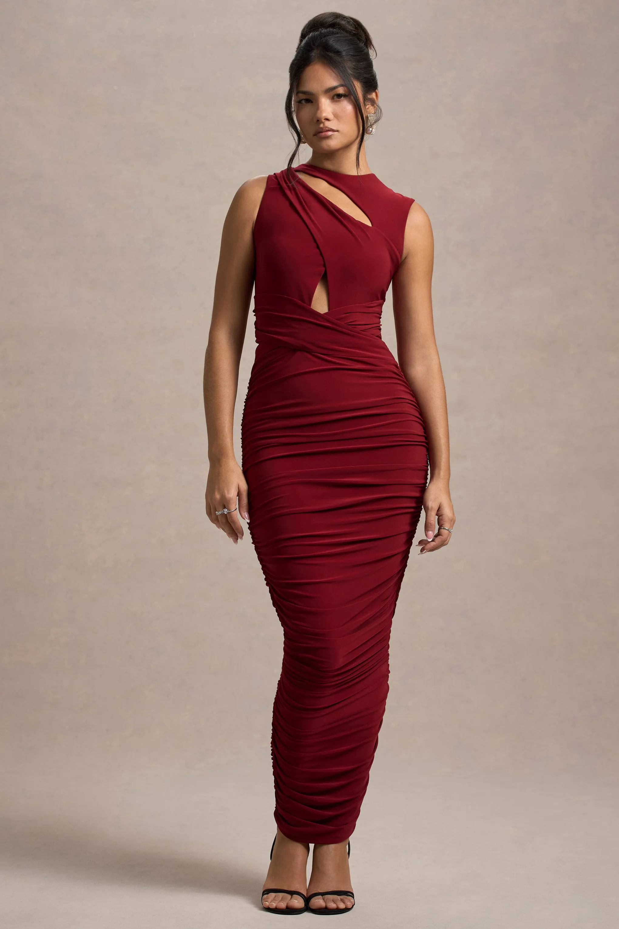 Aire | Wine Cut-Out Ruched Maxi Dress Club L London