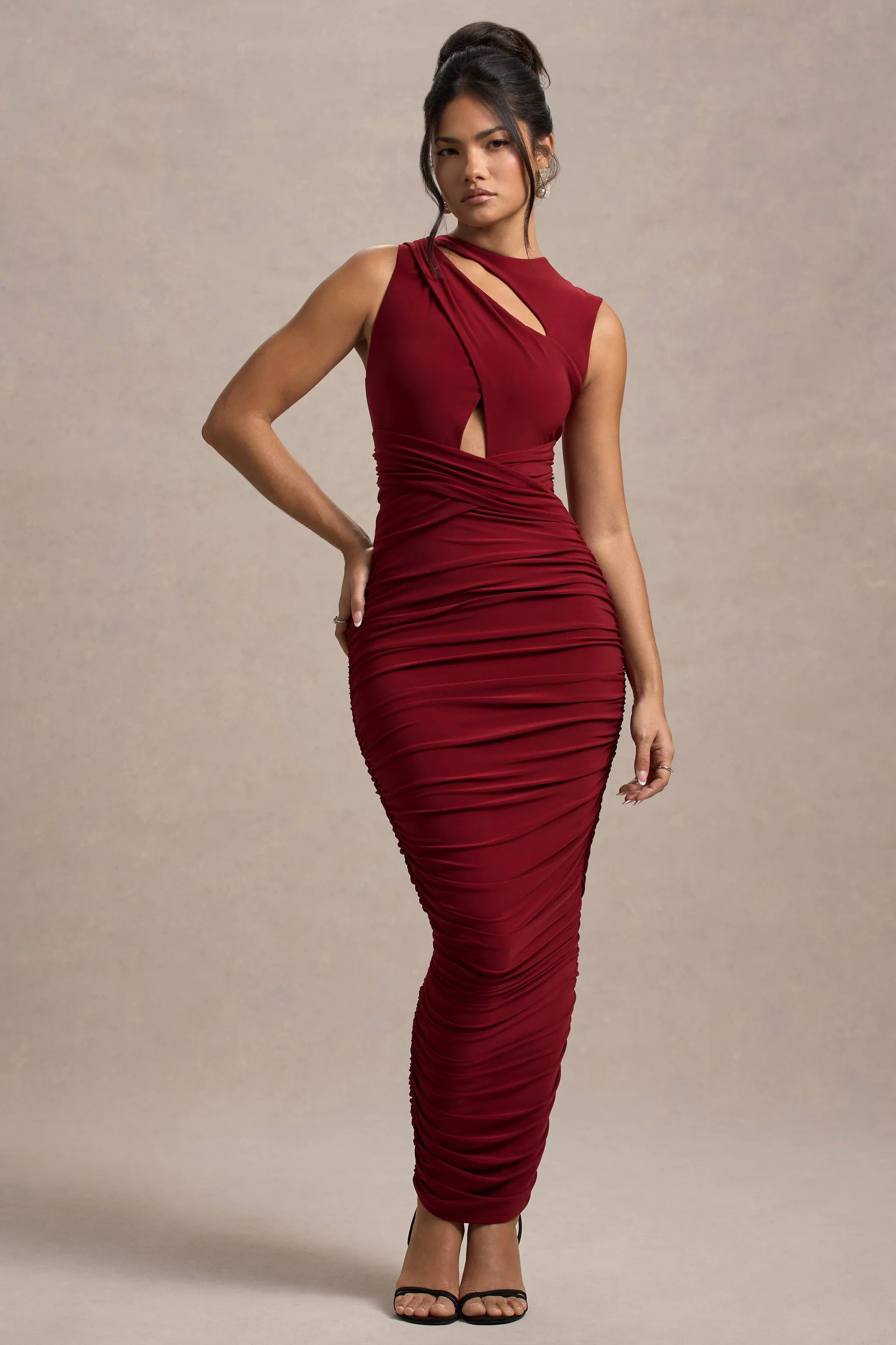 Aire | Wine Cut-Out Ruched Maxi Dress Club L London