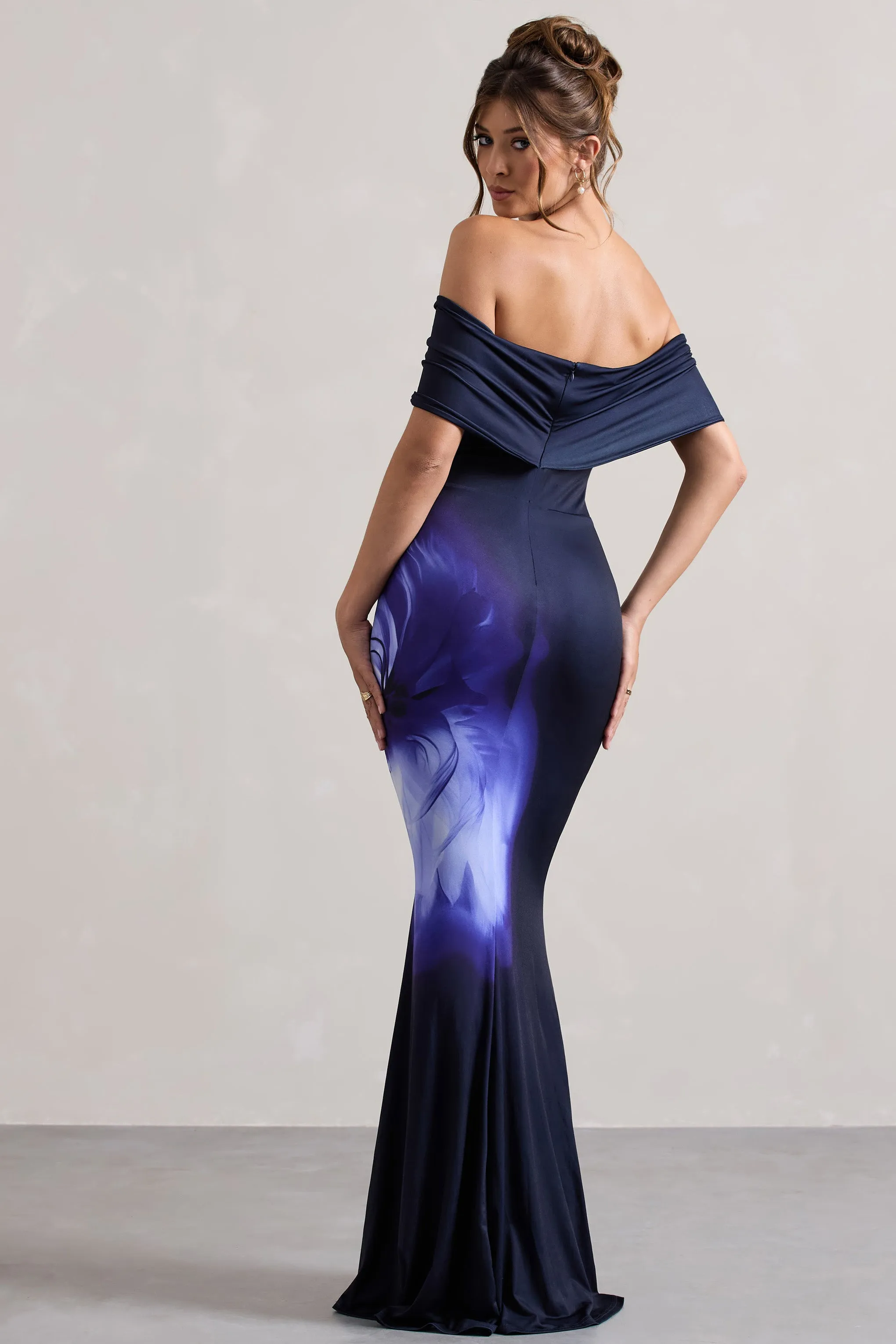 Alaia | Navy Floral Print Bardot Maxi Dress Club L London