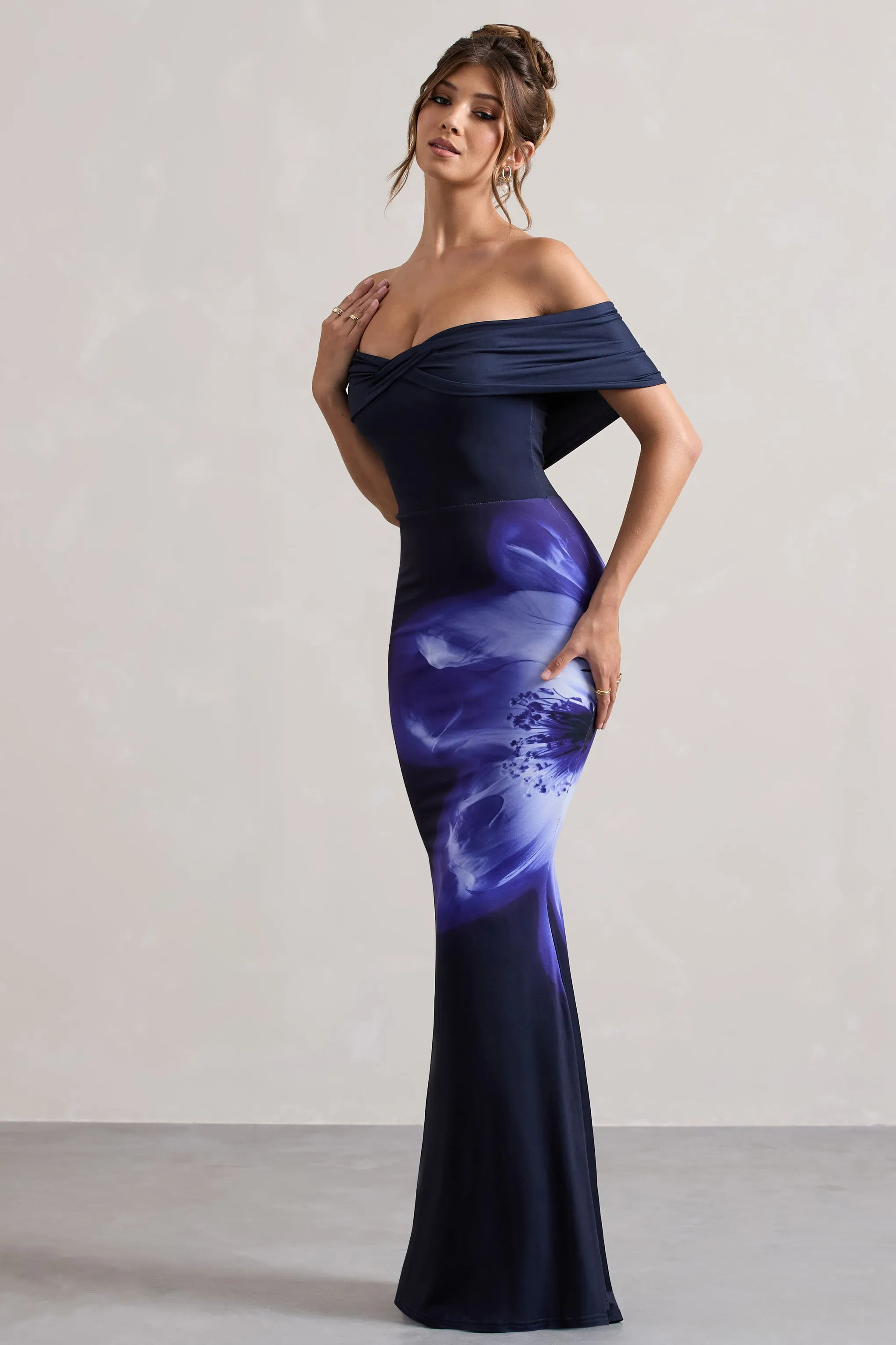Alaia | Navy Floral Print Bardot Maxi Dress Club L London