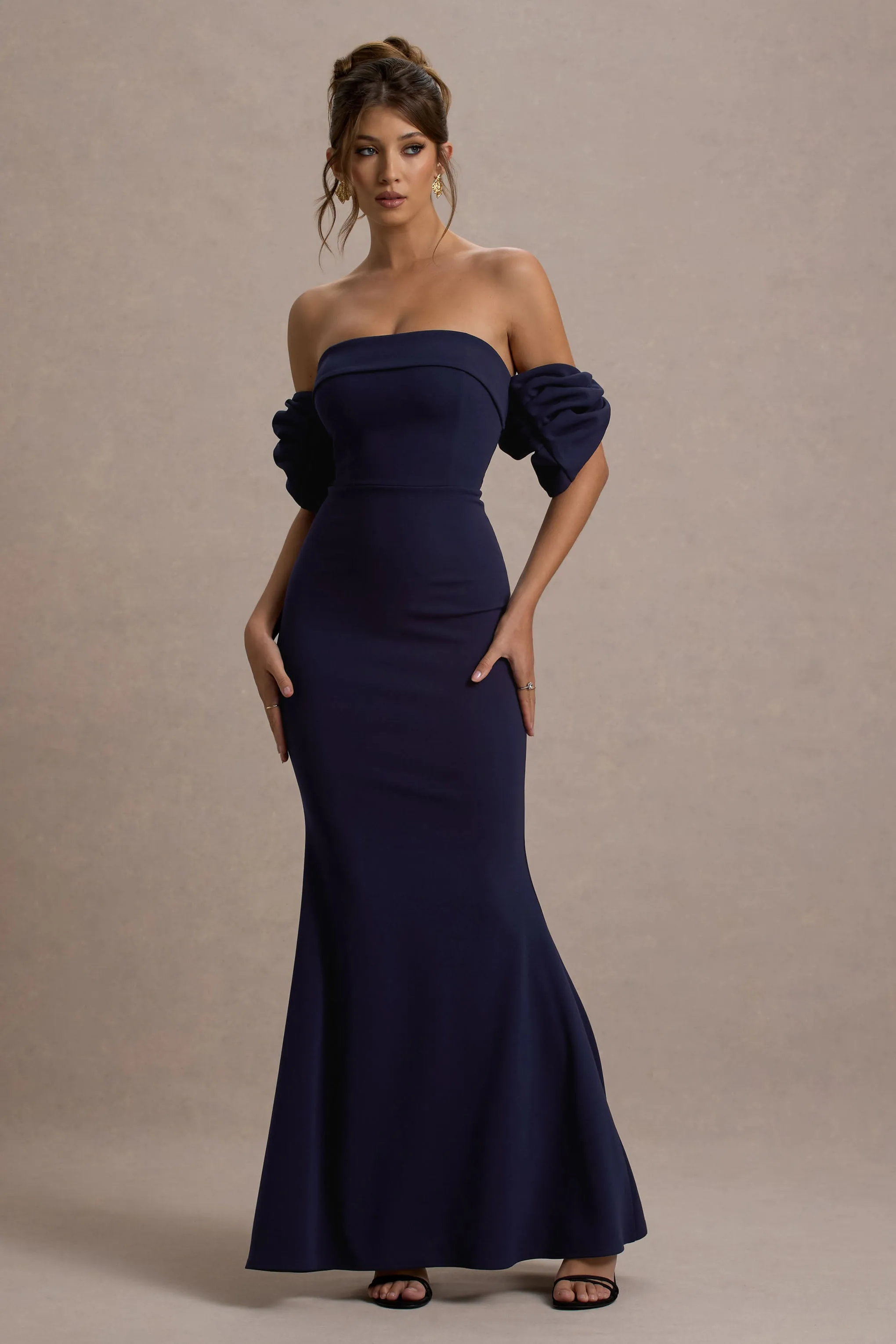 Alaine | Navy Bardot Maxi Dress With Bow Sleeves Club L London