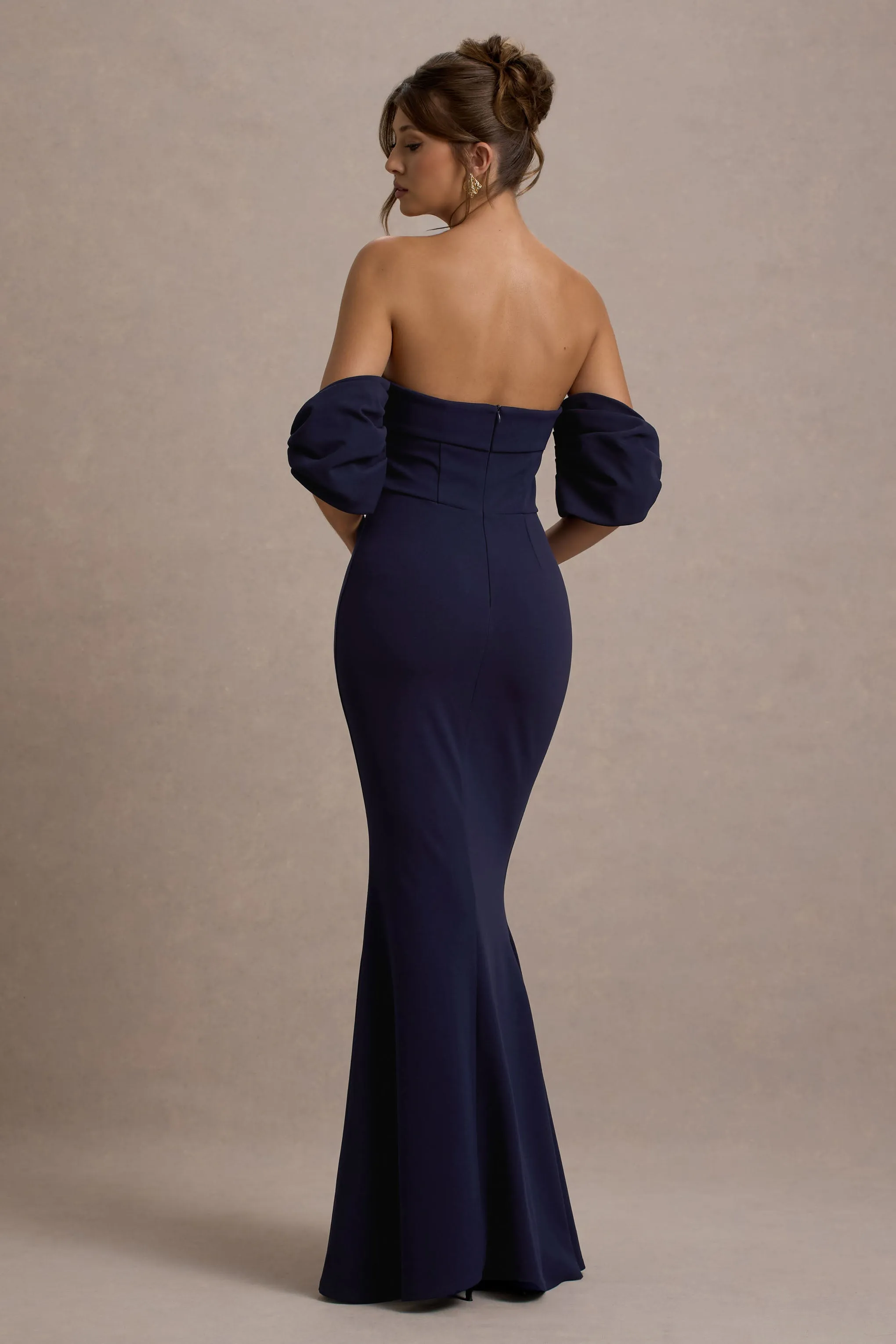 Alaine | Navy Bardot Maxi Dress With Bow Sleeves Club L London